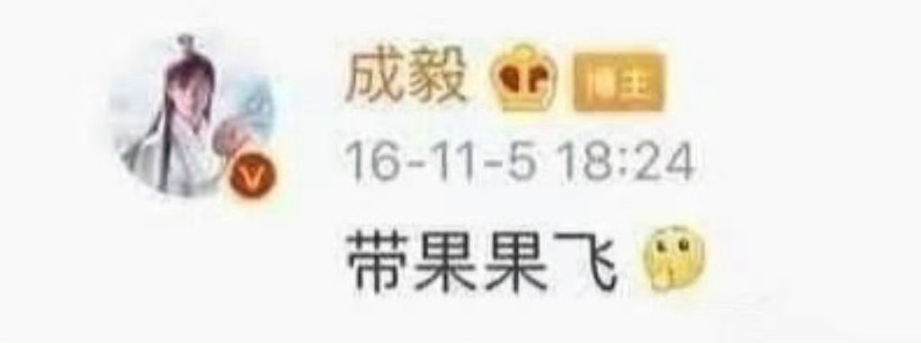 成毅说带果果飞。内娱谁不羡慕成毅粉丝，追星女孩谁不羡慕iejj 