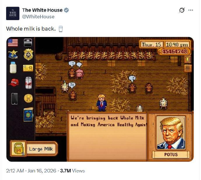 美国白宫官推发布了一张《星露谷物语》的meme，并配文：Whole milk i