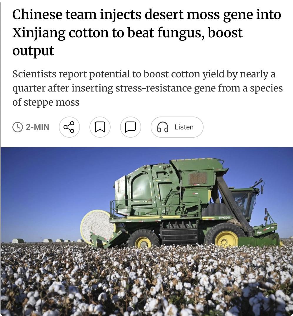 外媒：中国科学院新疆生态与地理研究所的研究团队将一种沙漠苔原苔藓的抗压基因转入新