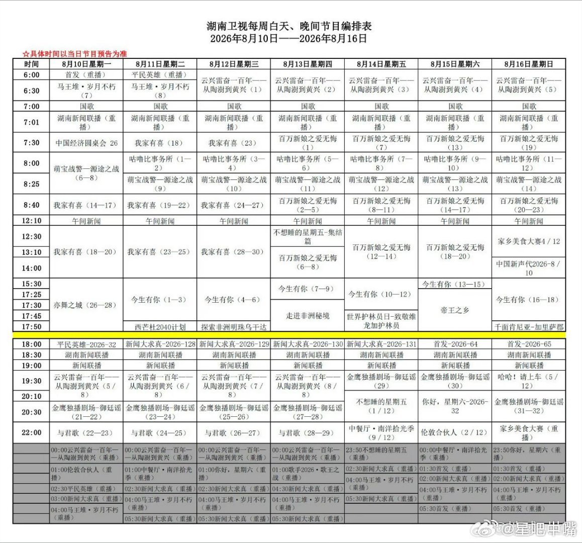 更新湖南卫视本周编排：上午剧场：《百万新娘之爱无悔》下午剧场：《今生有你》金鹰剧