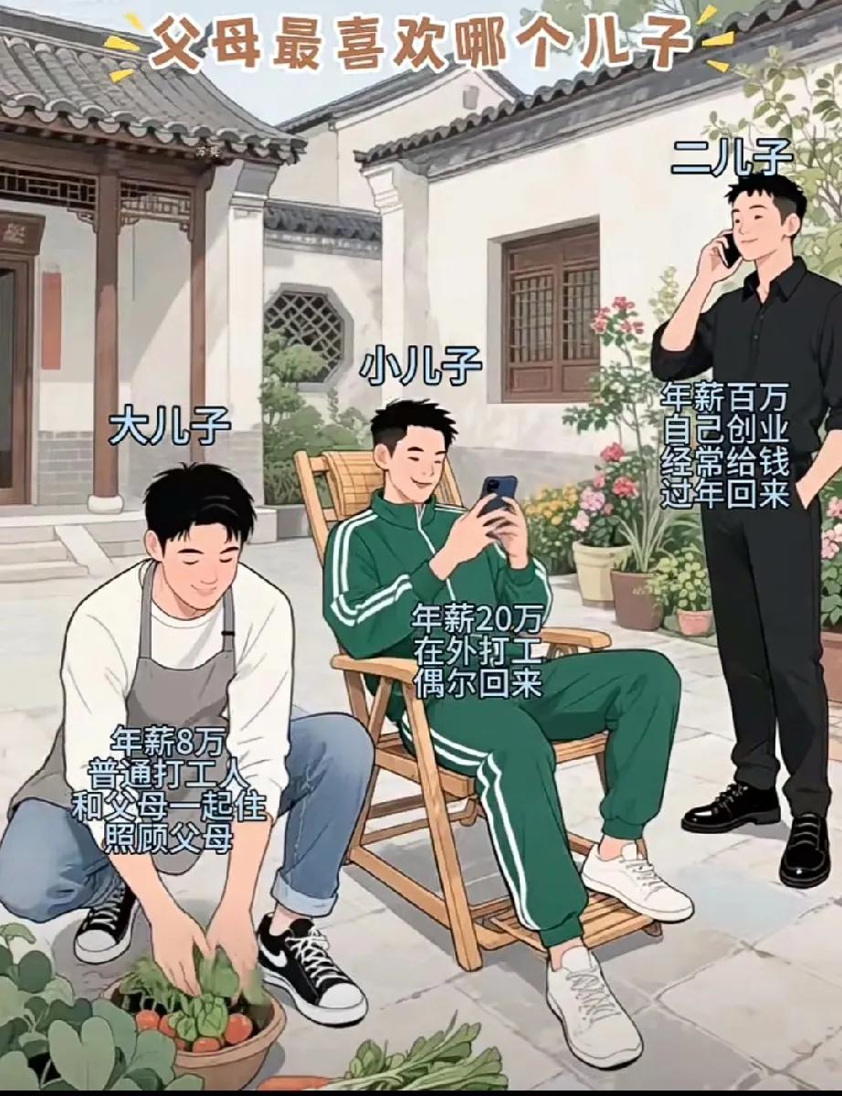 老两口有三个儿子:
大儿子年薪8万，普通打工人，跟父母一起住，照顾父母；
二儿子