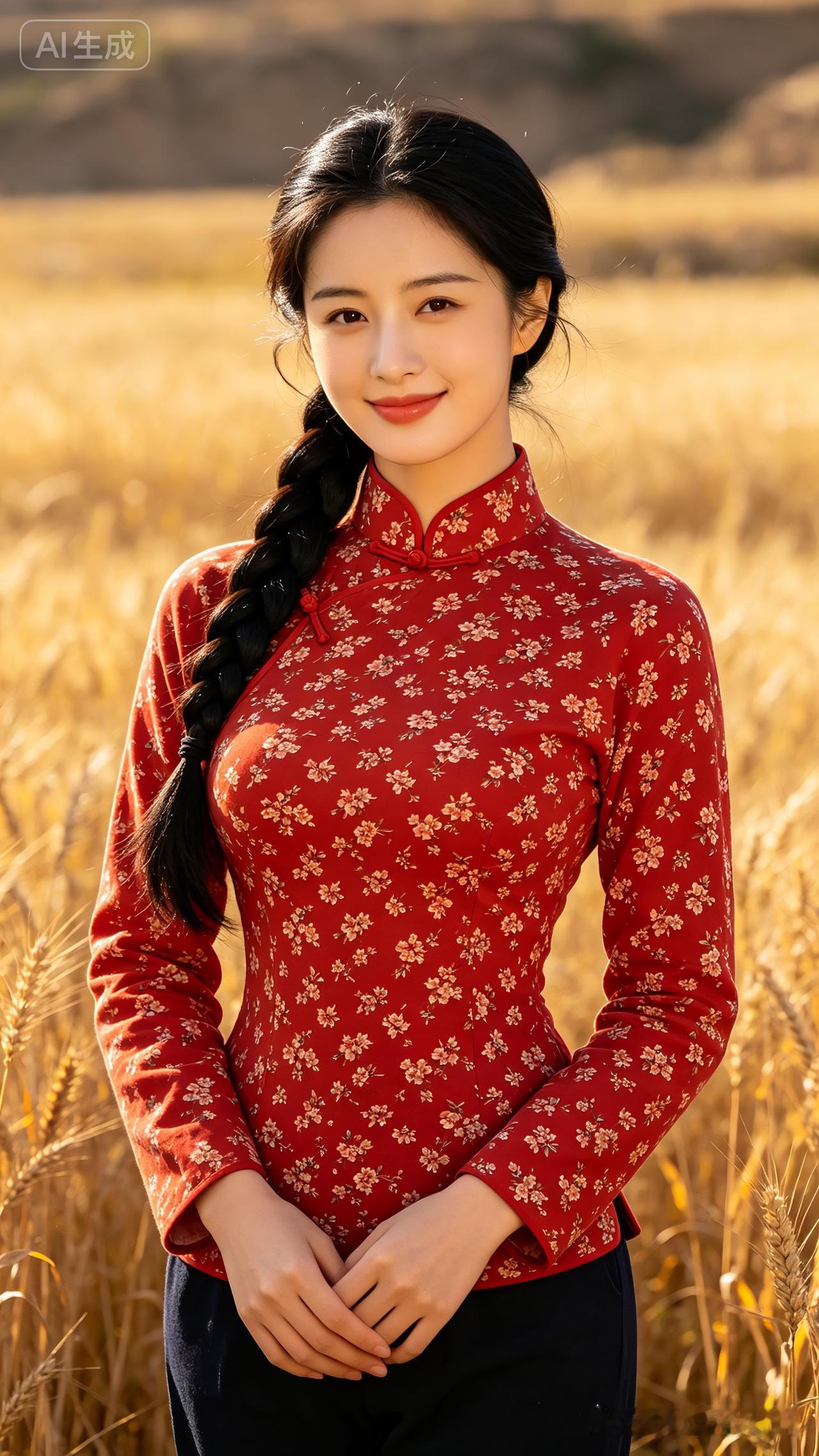 红衣少女，笑靥如花，置身麦田，美不胜收。