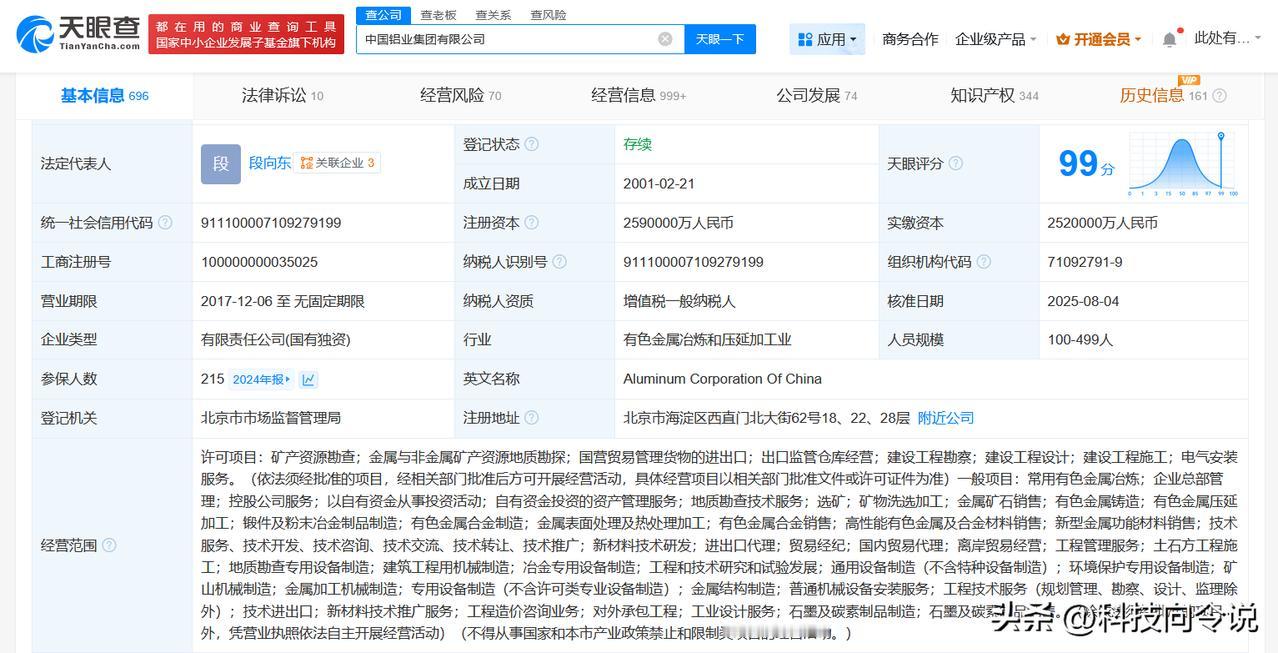 【中国铝业集团增资至259亿 中国铝业集团多位高管发生变更】
天眼查App显示，