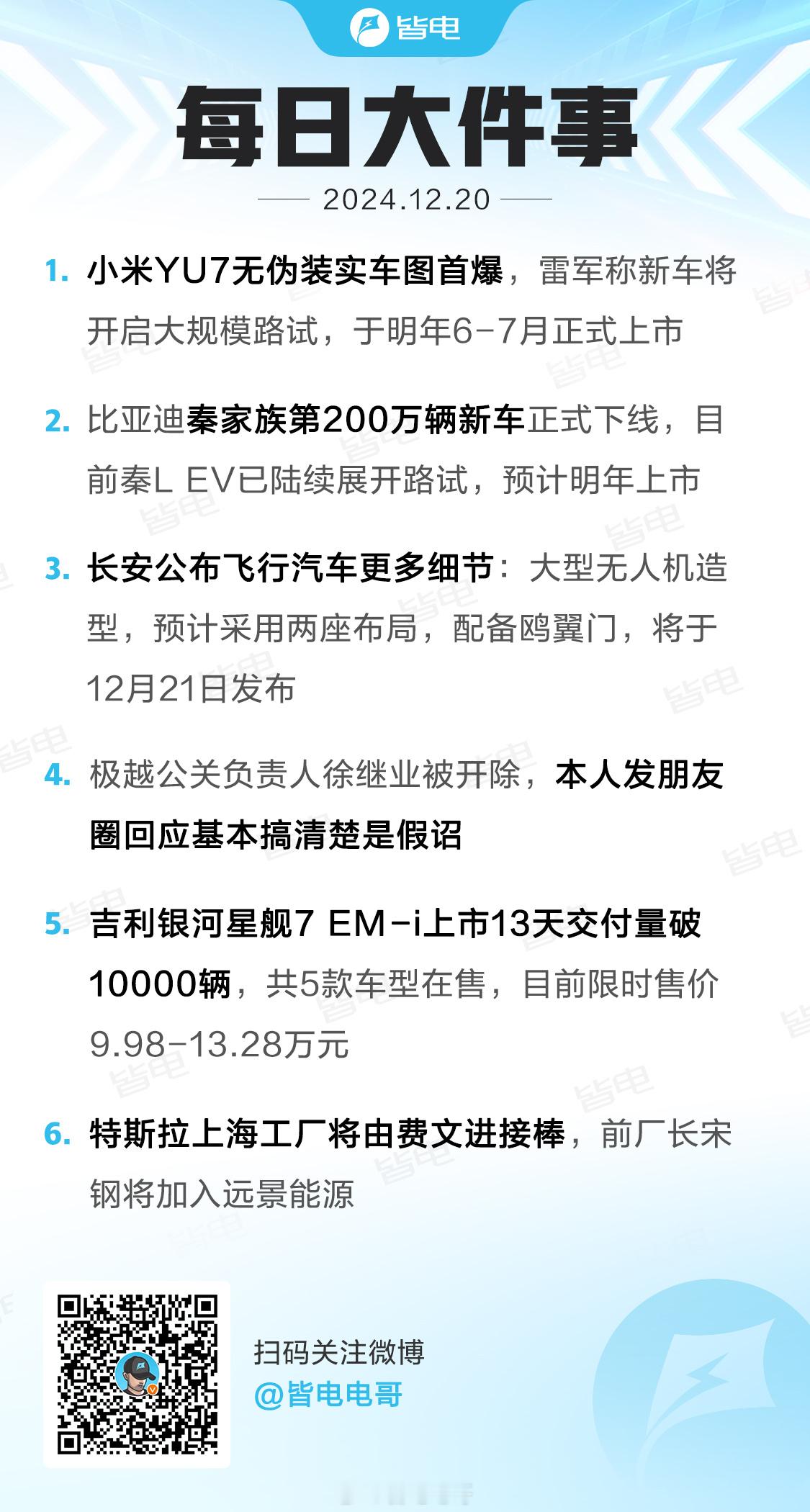 每日大件事  1、小米YU7无伪装实车图首爆，雷军称新车将开启大规模路试，于明年