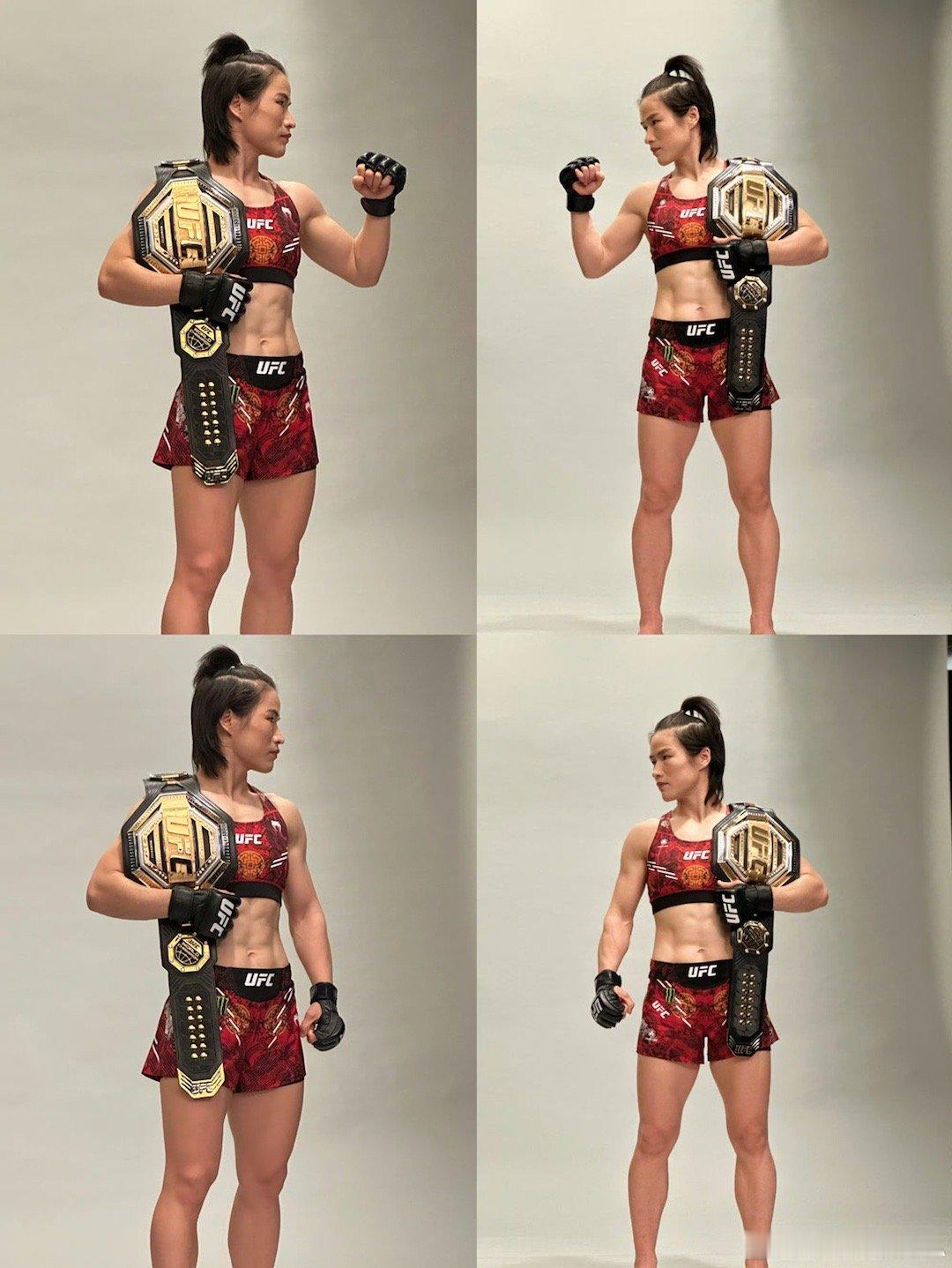 #张伟丽中国德比定妆照#发布UFC300定妆照，专属战袍，身披金腰带，中国德比倒