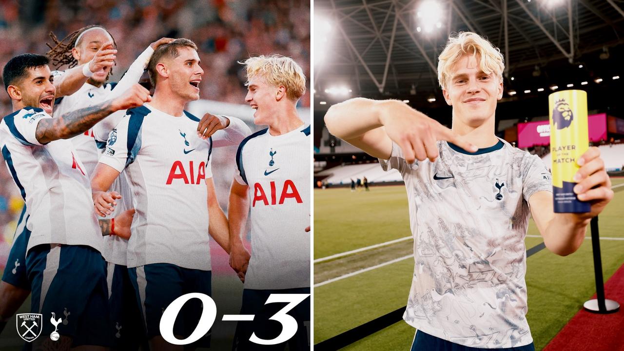英超：热刺客场3-0大胜十人西汉姆联，9分暂列联赛第二位。
贝里瓦尔传射，绍切克