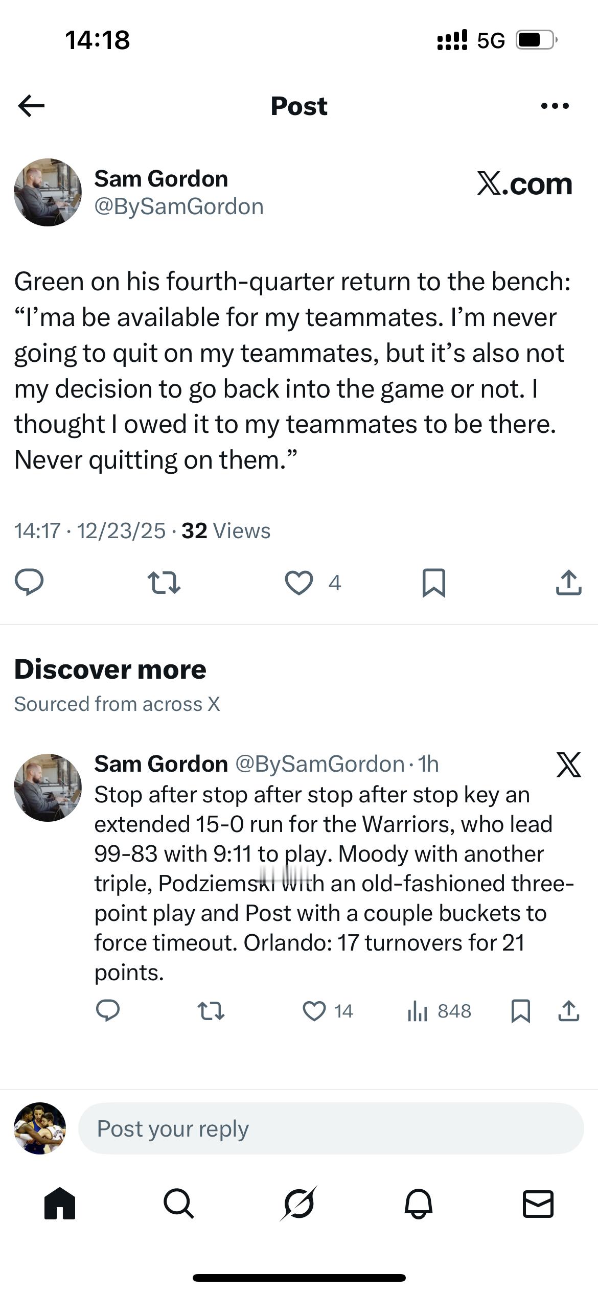 谈到自己在第四节回到替补席，格林表示：“我要为我的队友们随时待命。我永远不会放弃