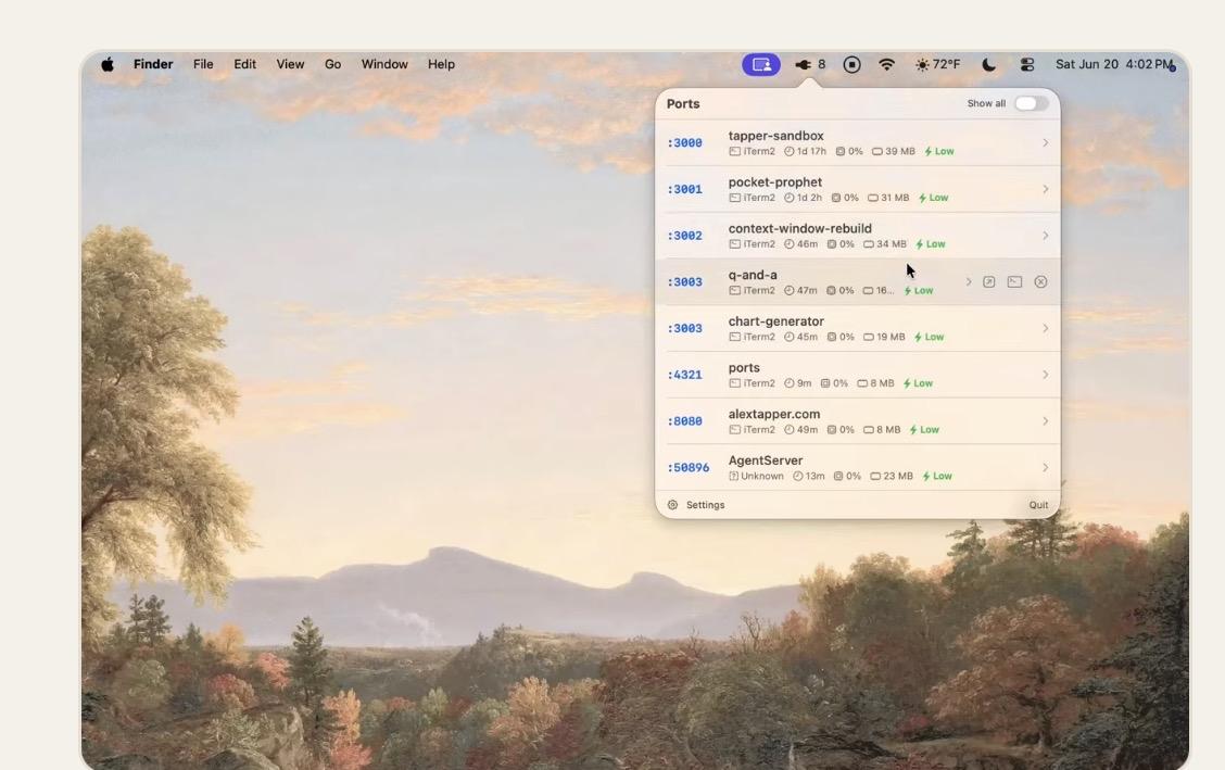 Vibe Coding经常会本地启动一些端口。

经常不知道哪个端口被占用了，哪