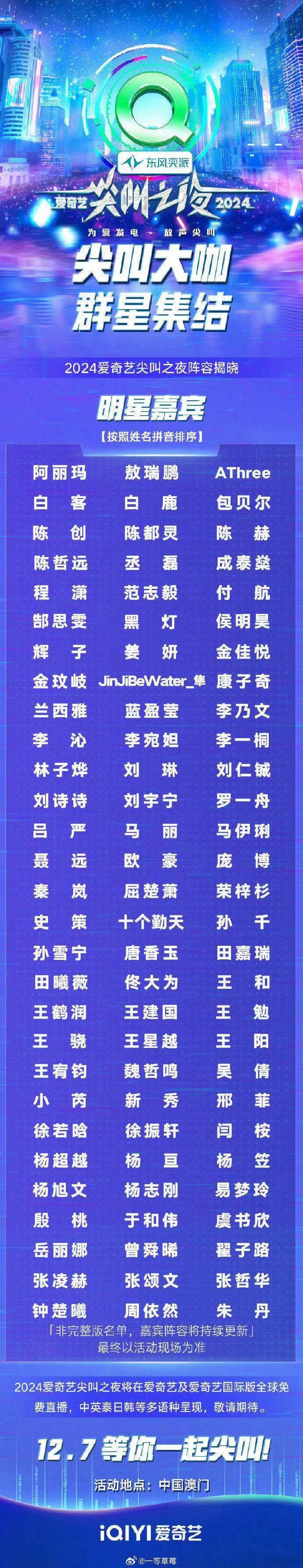 爱奇艺尖叫之夜全阵容官宣 