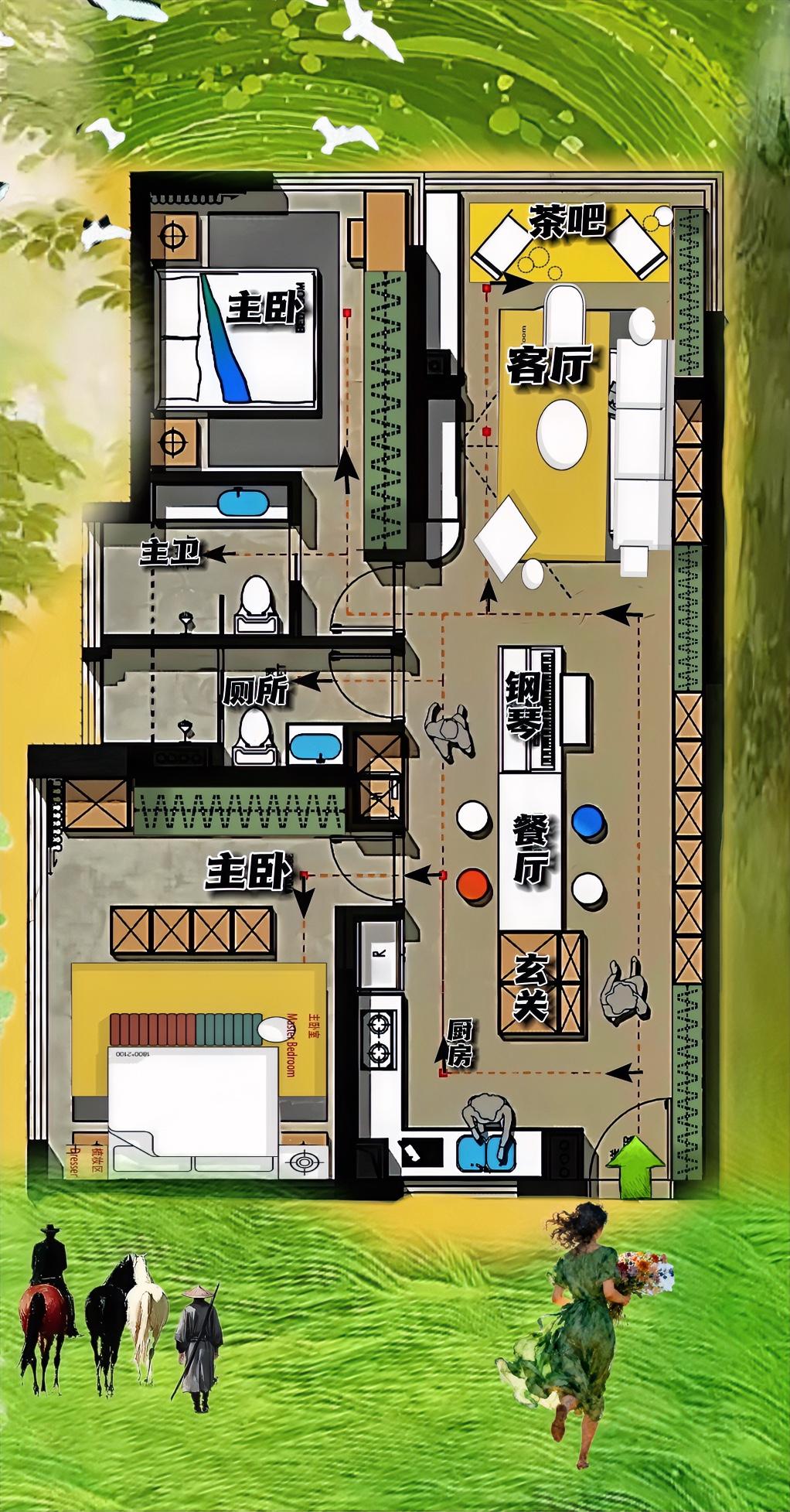 大洄游，小开放，105㎡一个后空翻，
变成通透大逃亡，布局卡点太绝了，一打二拆，