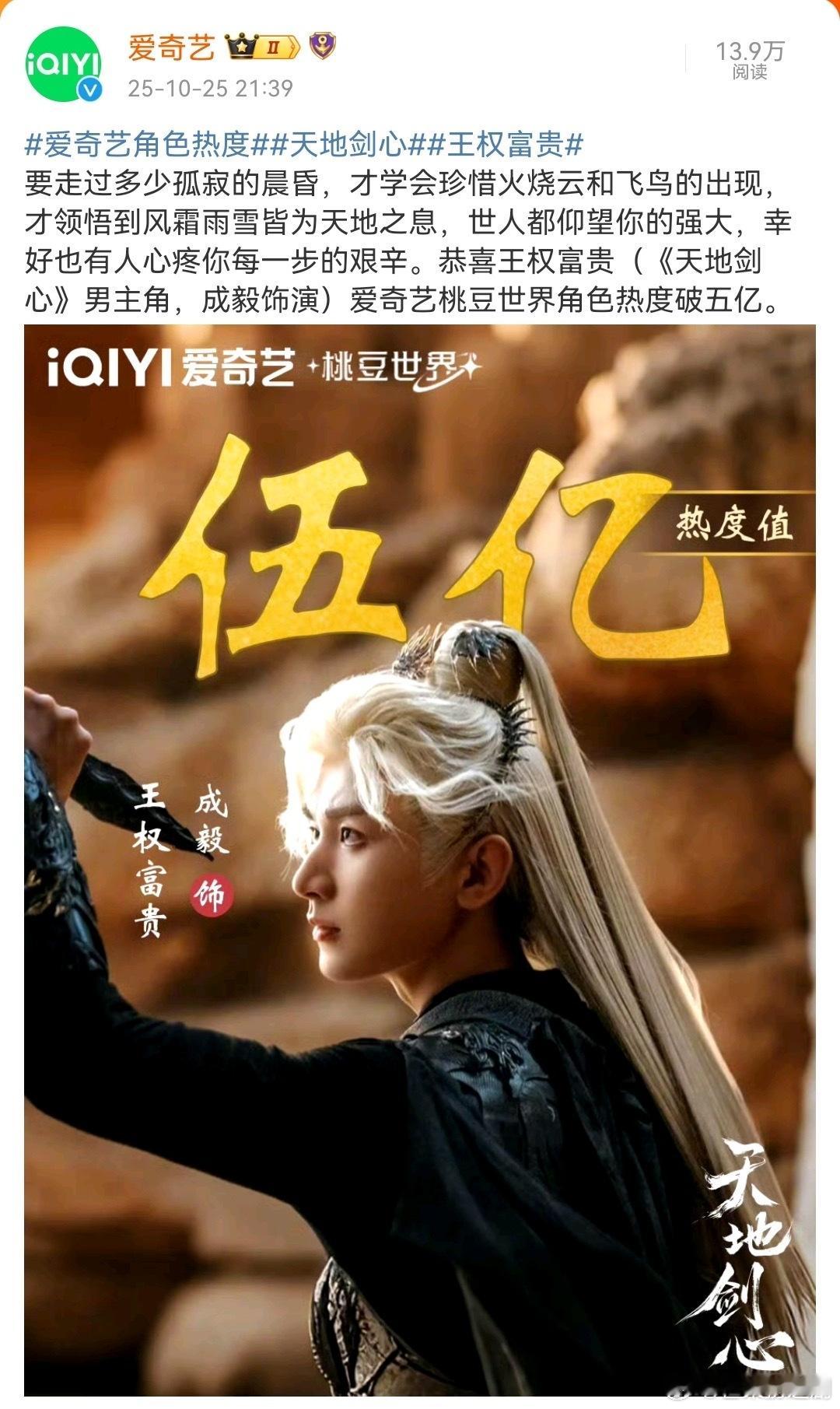 成毅王权富贵个人角色热度破五亿🐮单扛天花板，个人号召力太强了！ ​​​