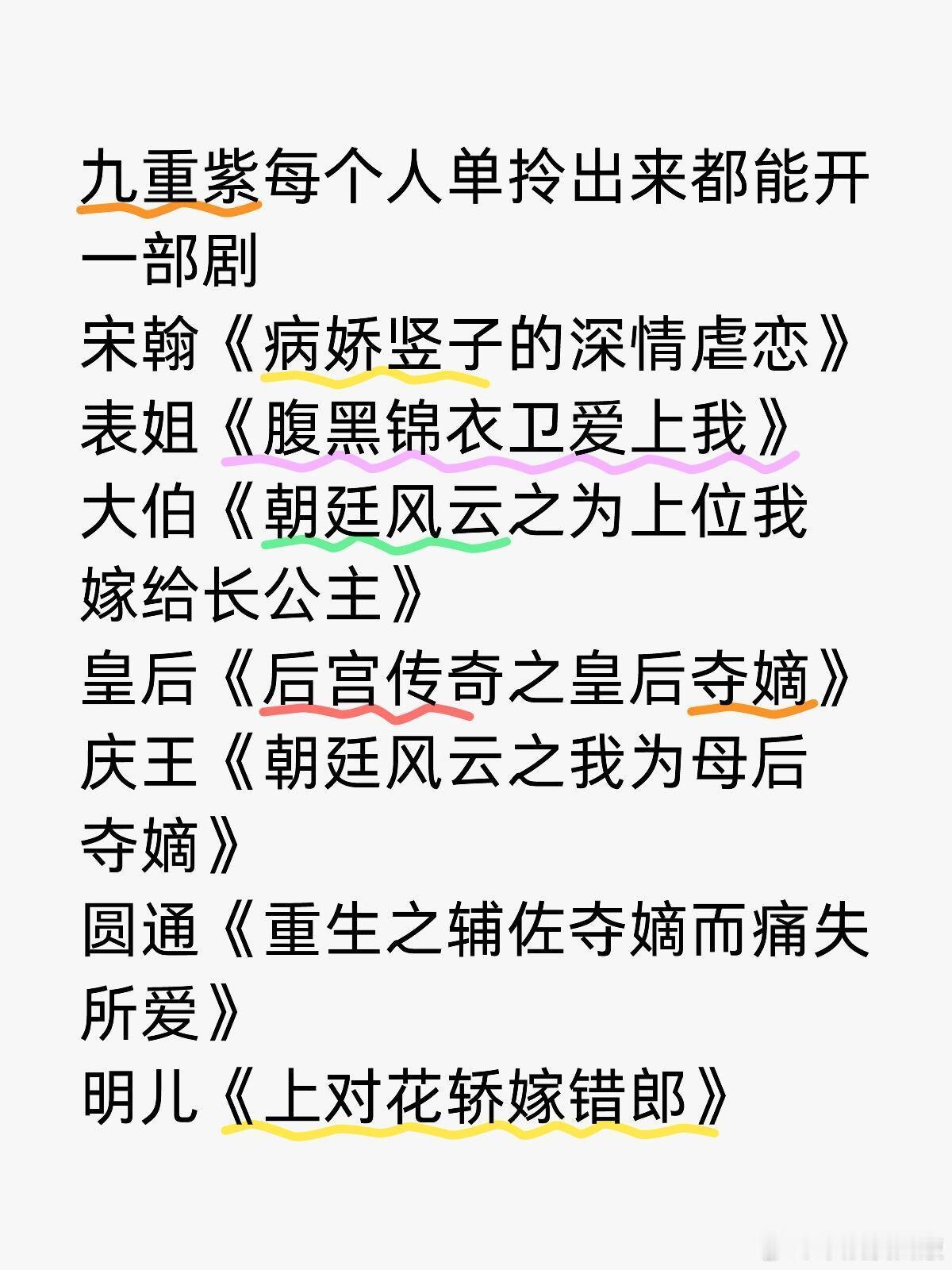 九重紫每个人单拎出来都能开一部剧宋翰《病娇竖子的深情虐恋》表姐《腹黑锦衣卫爱上我