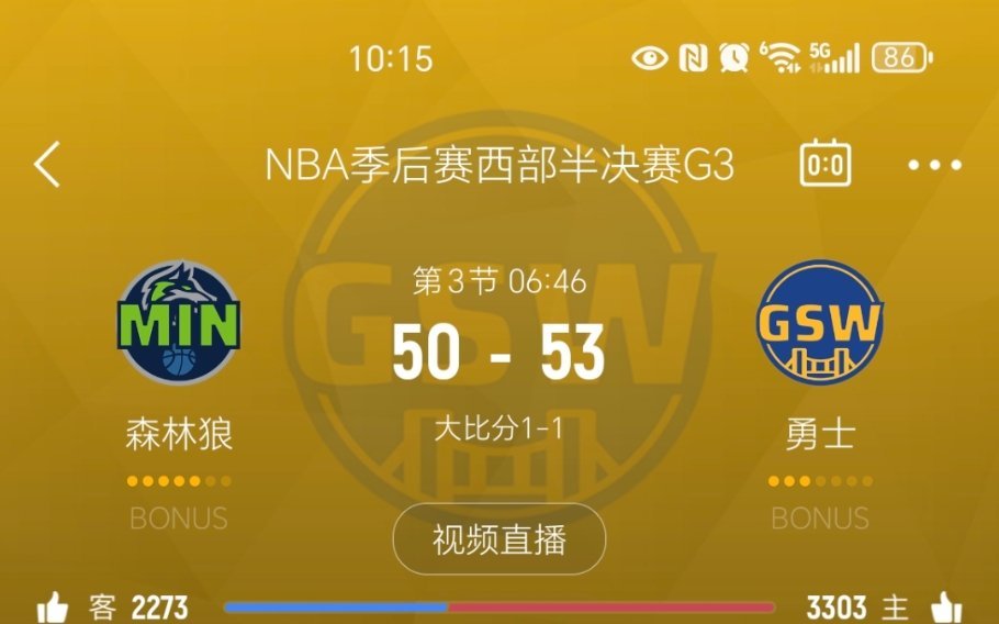 进入暂停，勇士领先3分。勇士vs森林狼 ​​​