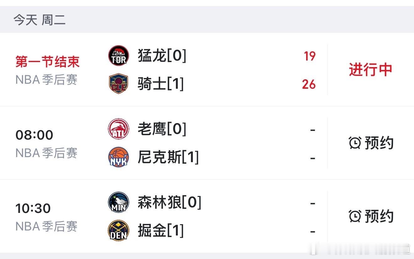 今日NBA季后赛，三场比赛进行中！猛龙vs骑士、老鹰vs尼克斯、森林狼vs掘金?