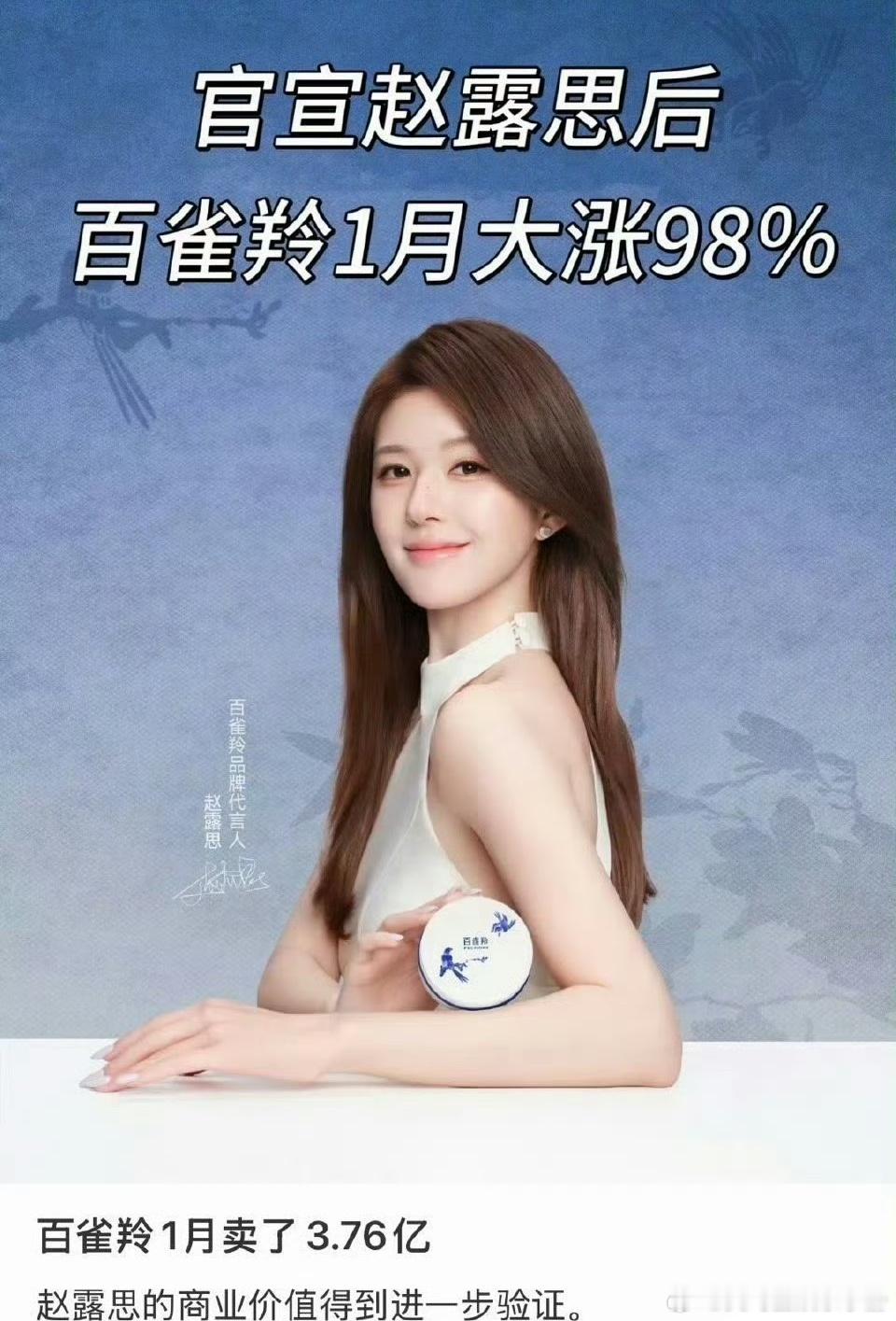 百雀羚官宣赵露思后1月大涨98％，什么水平？ 