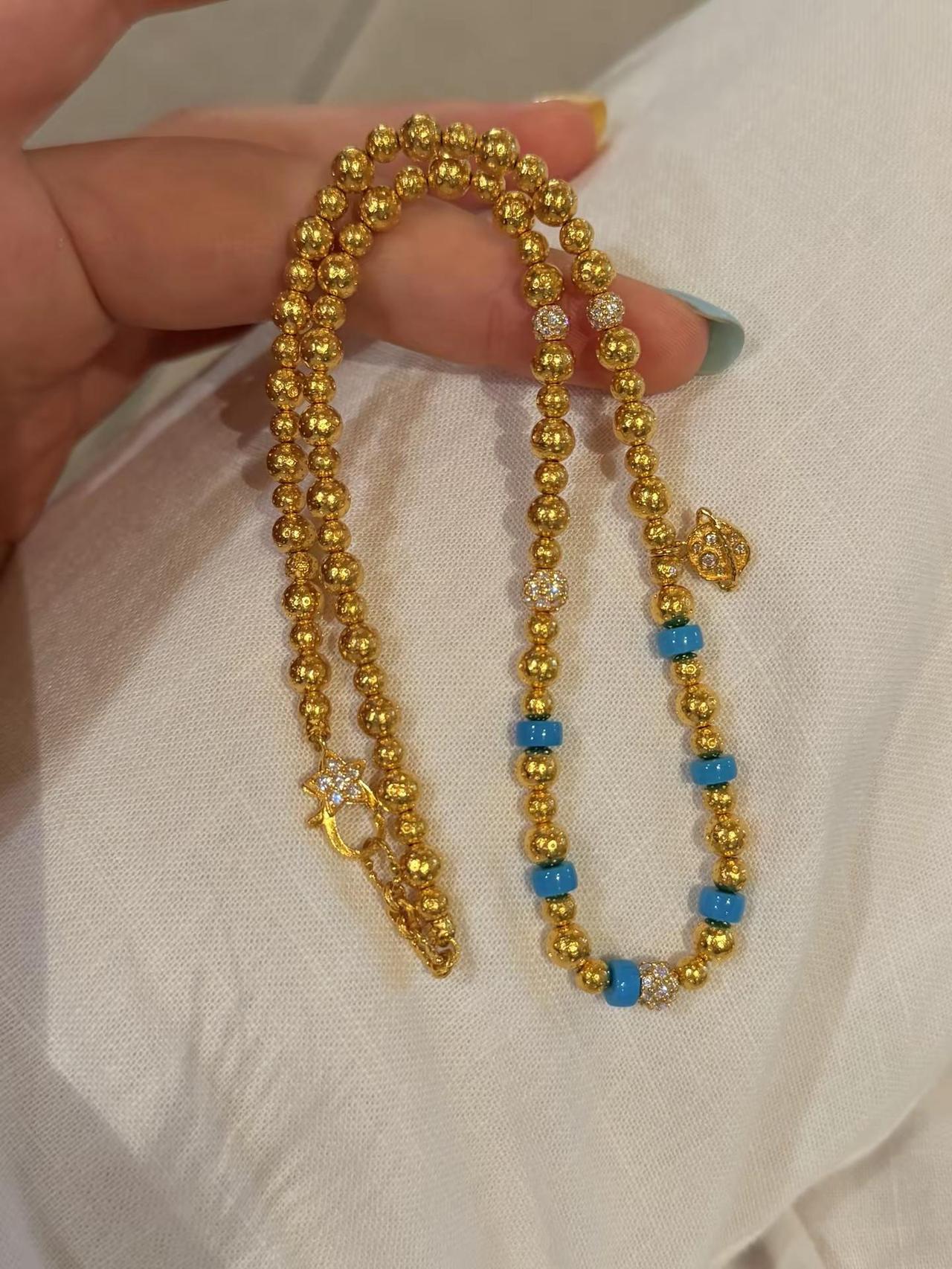 哇塞～这条金项链我先去啦 黄金珠链 纯金珠子 黄金项链珠 足金绿松石项链