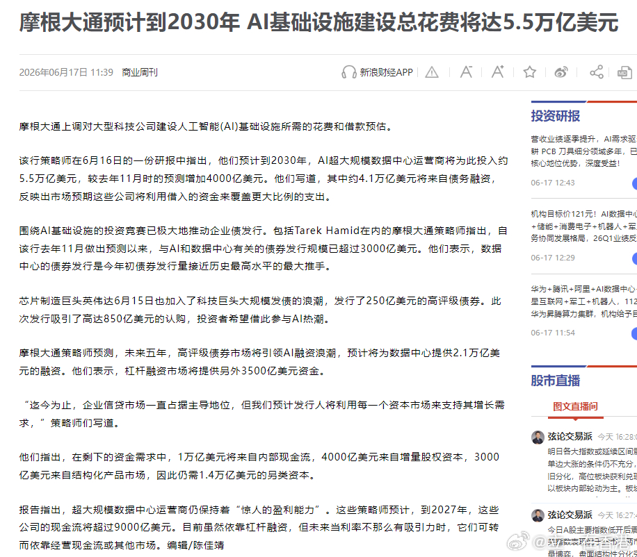 摩根大通预计到2030年，AI基础设施建设总花费将达5.5万亿美元 