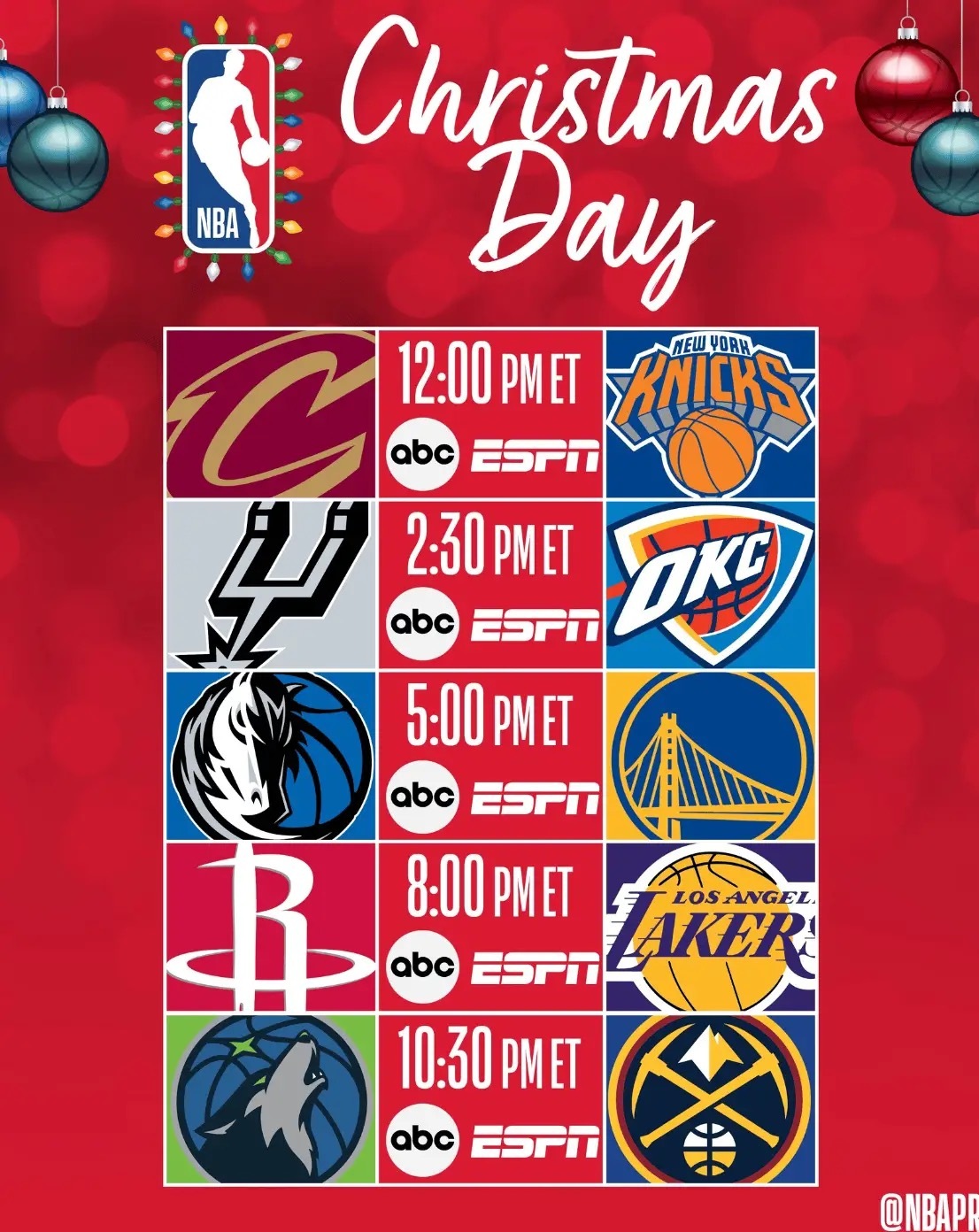 🔥圣诞大战赛程：12月26日6:00独行侠vs勇士，9:00火箭vs湖人NBA