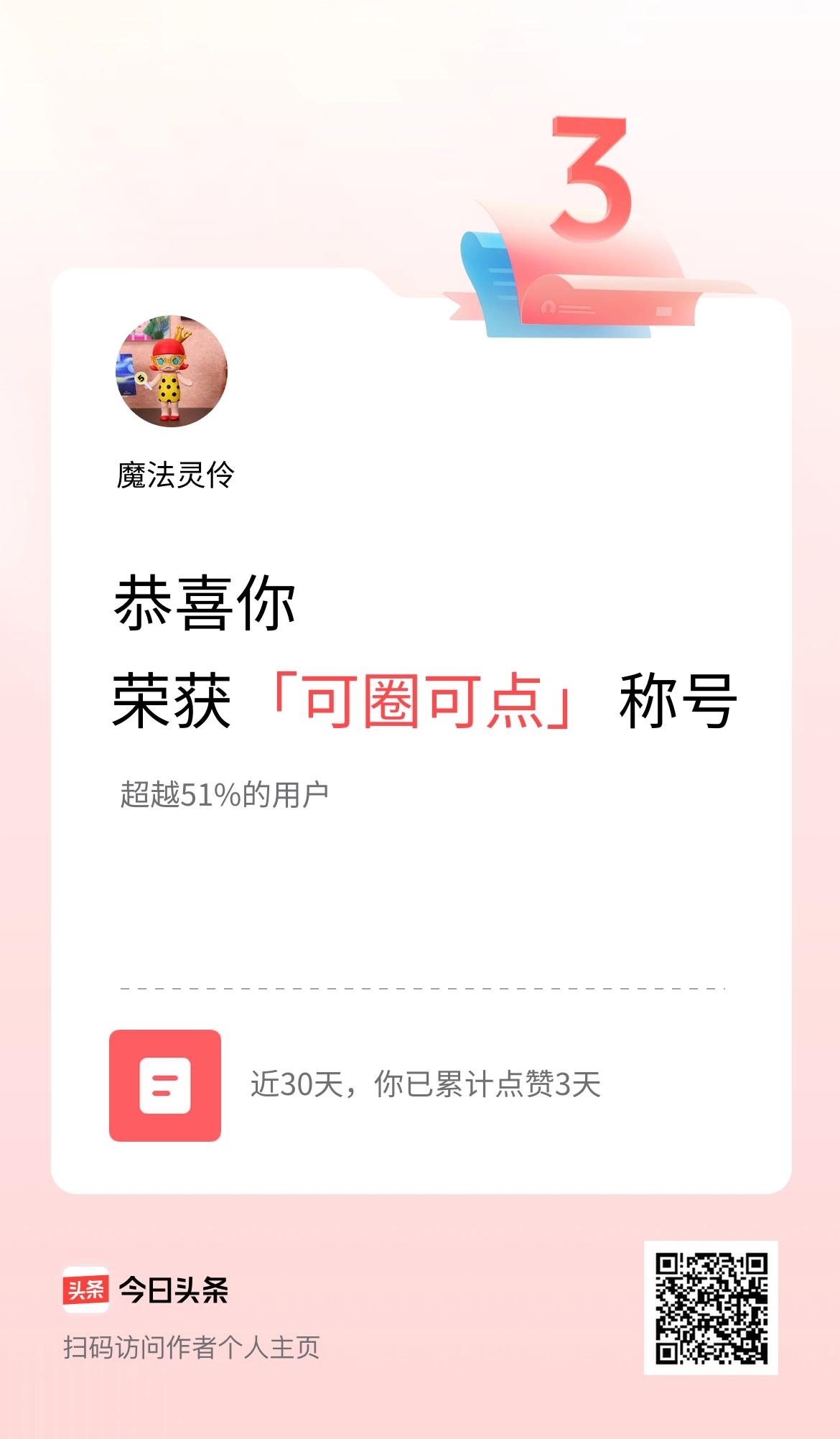 我在头条30天内点赞打卡3天，获得“可圈可点”称号