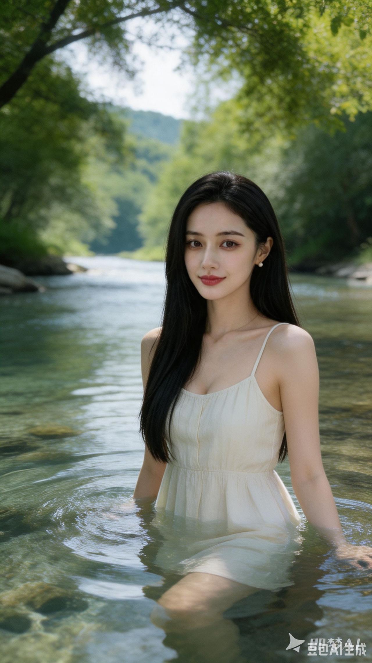 这姑娘在河里拍照真好看！