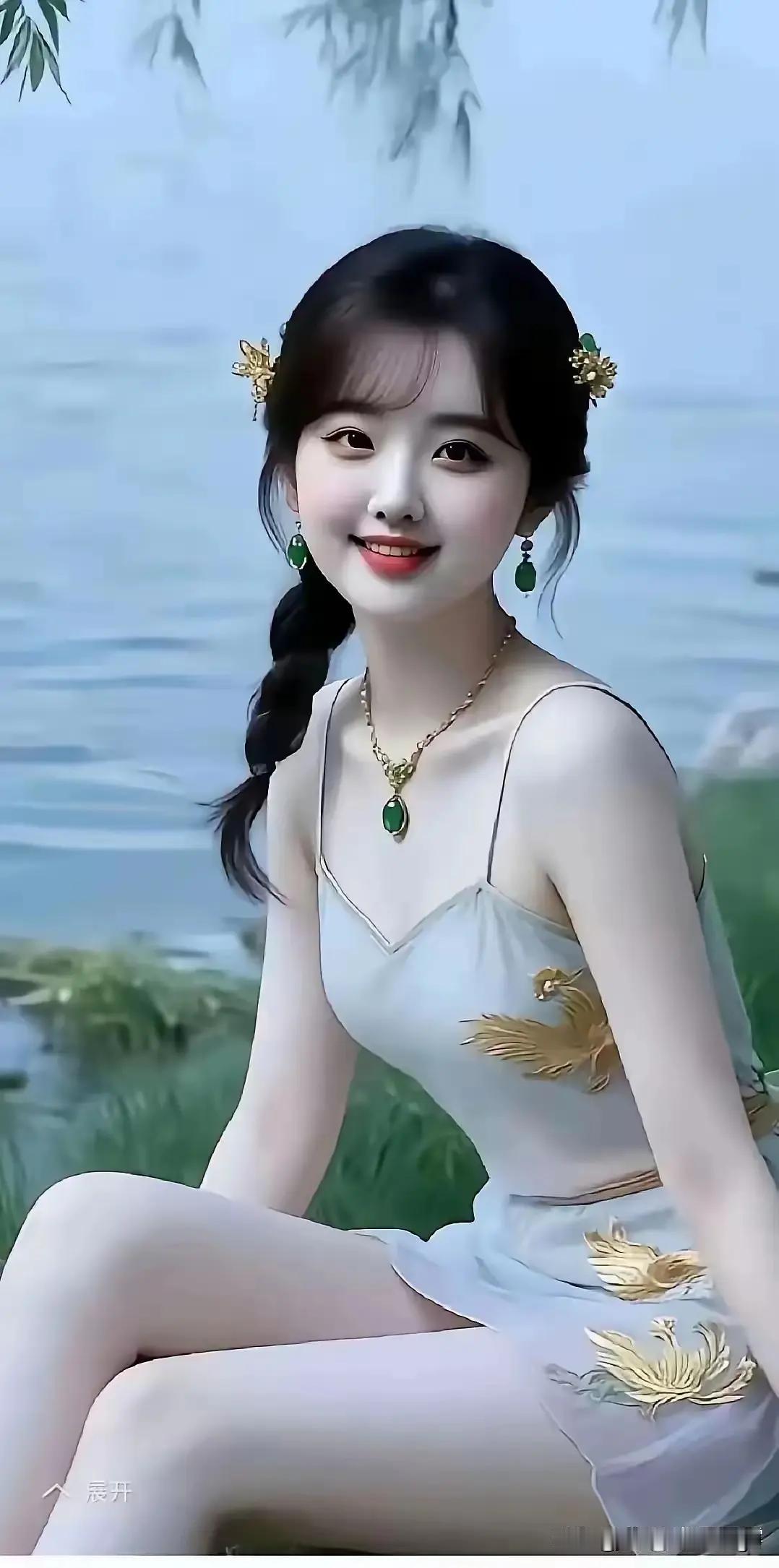这么灵动乖巧的女孩太可爱了。脸上的稚嫩青涩还未退去，一个人坐在海边自由洒脱，小辫