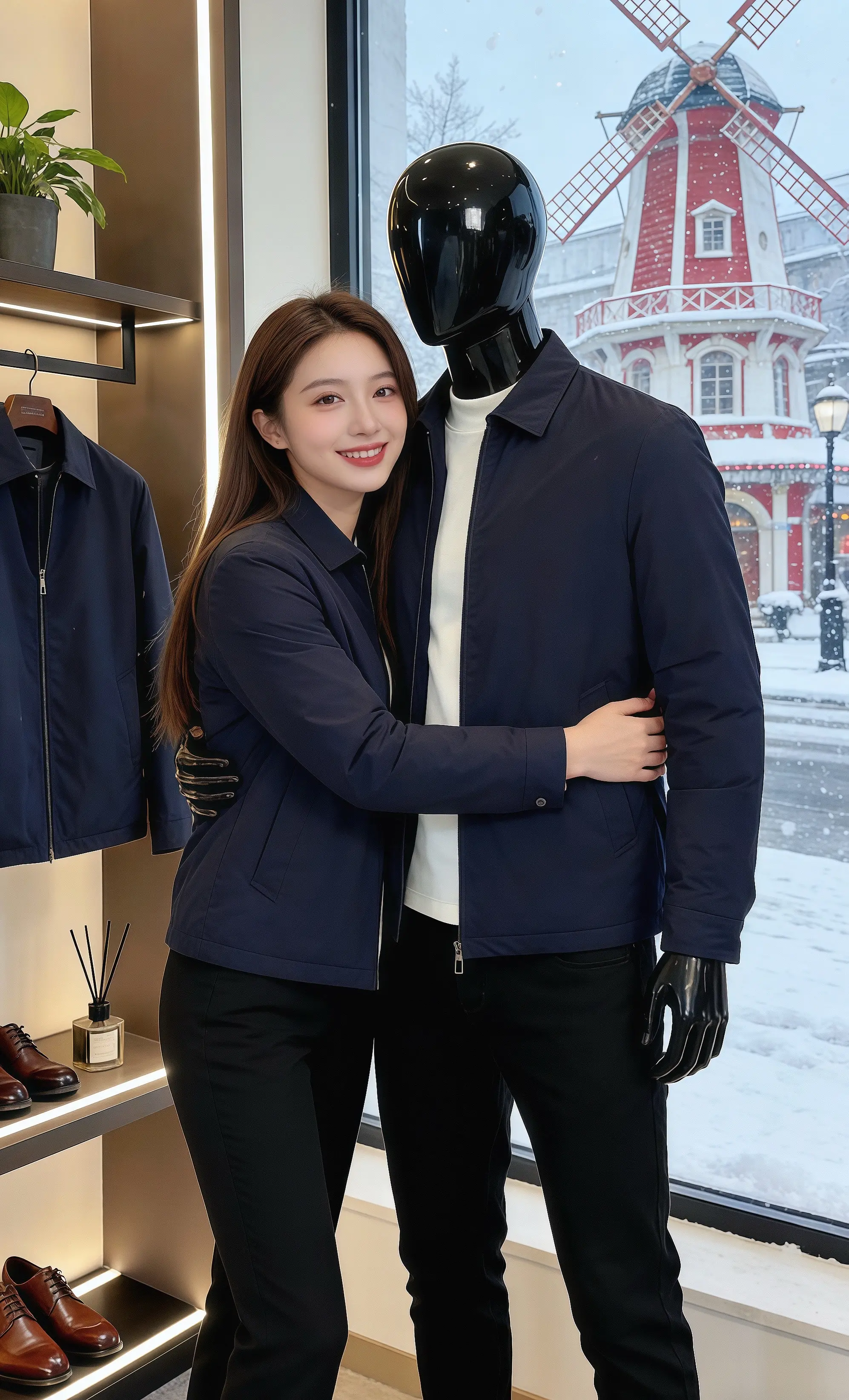 藏青雅致  北城的雪沫沾在男装店的落地橱窗，许妍正举着相机对焦，长发被...