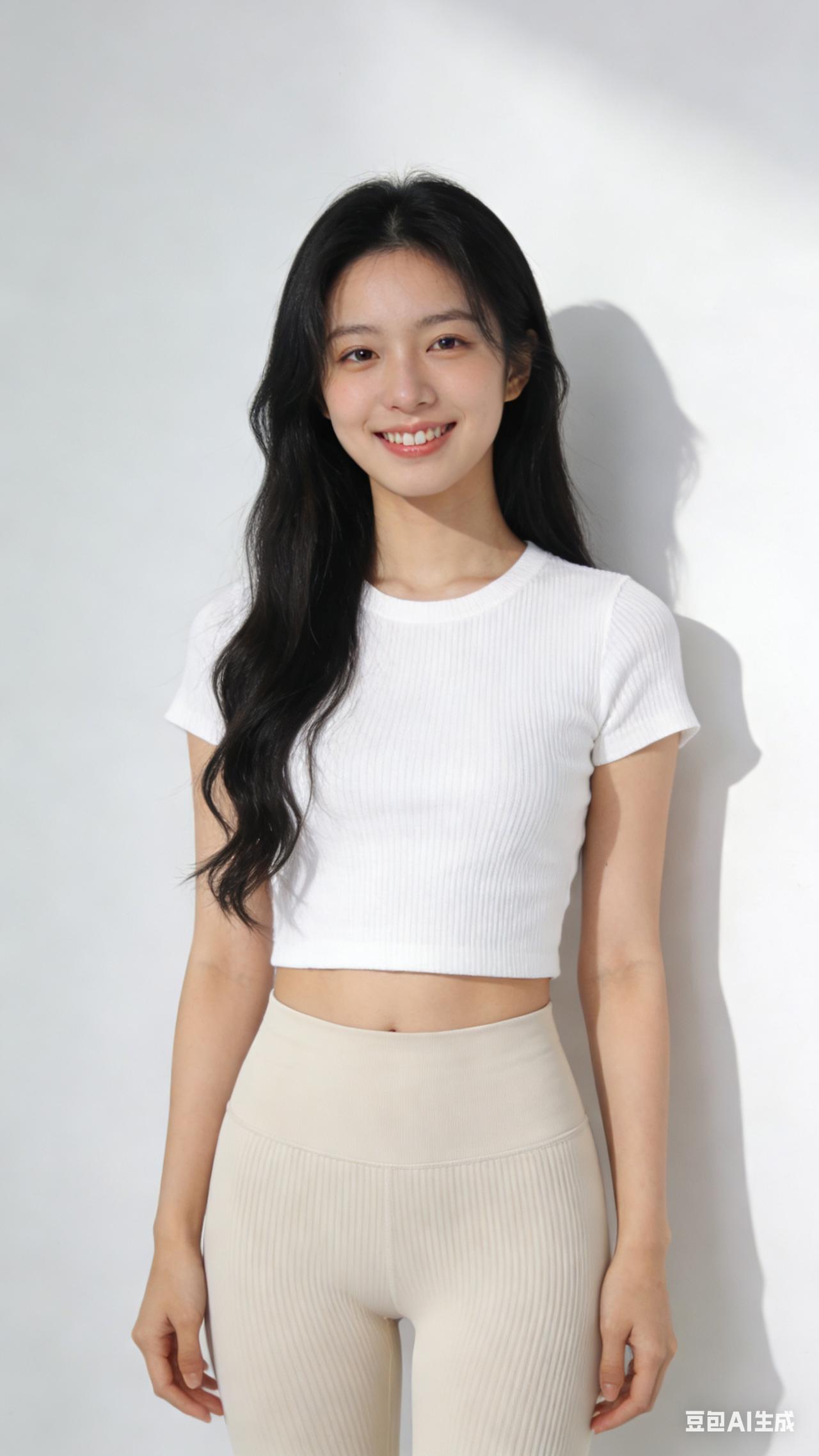 - 人物：20岁左右东亚女性，鹅蛋脸，皮肤白皙通透，眉眼舒展，嘴角上扬露出整齐牙