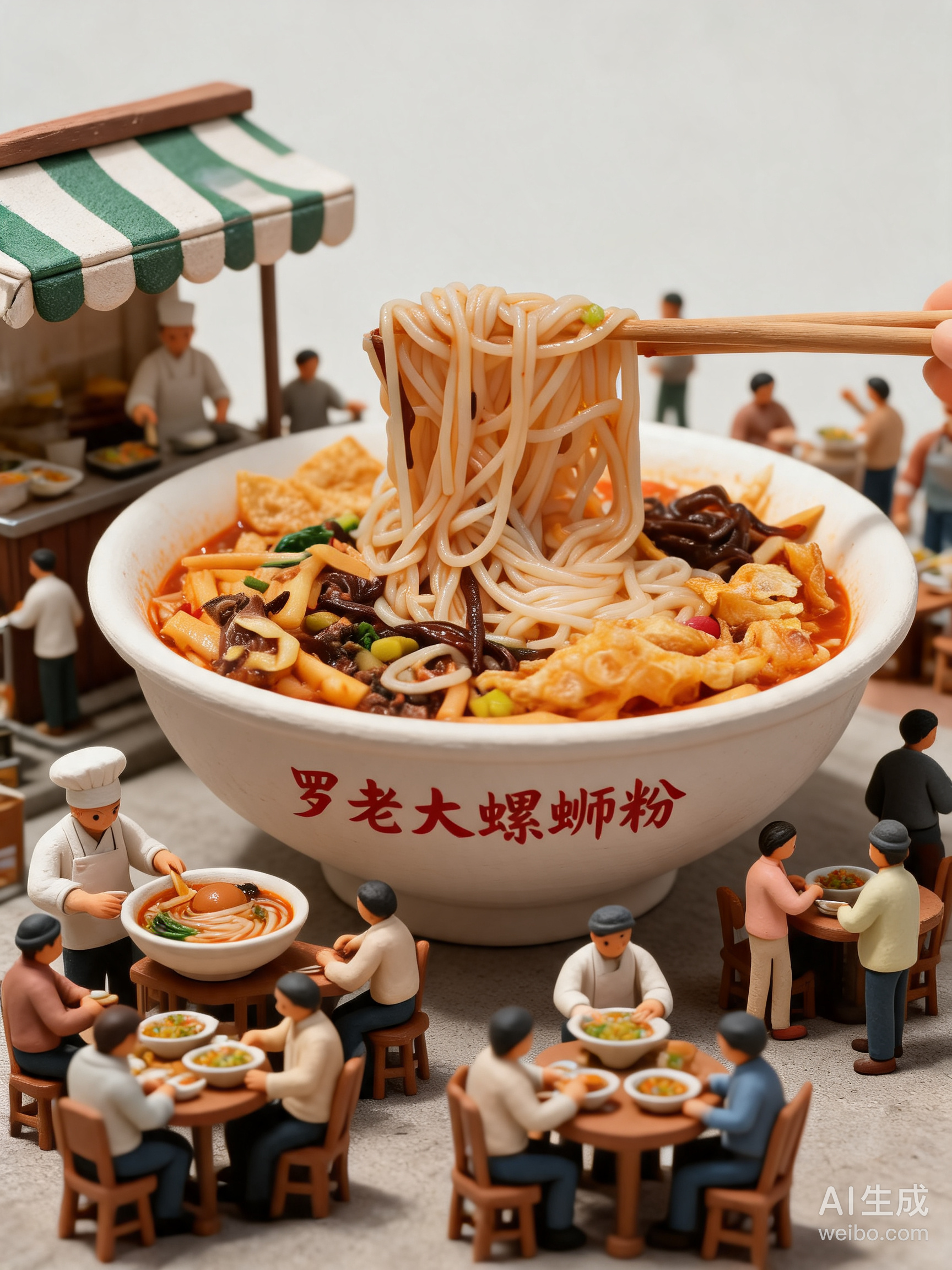 寻味街头，“罗老大螺蛳粉”在AIGC镜头下化作一场奇妙的微缩之旅。这组黏土场景将
