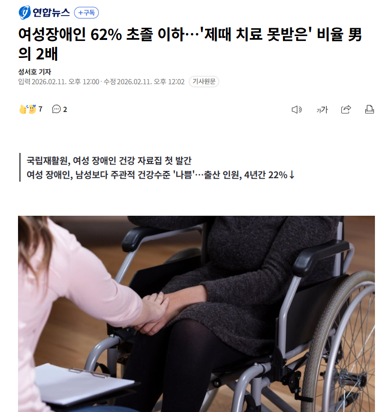 【韩国公布女性残疾人健康状况报告：62%的女性残疾人学历为小学及以下，