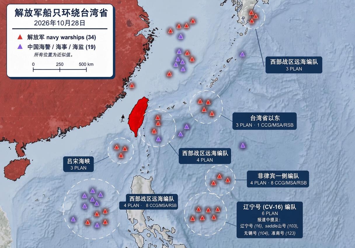 “围着，围着，就解放了！”截止2026年10月29日，中国解放军在东海、南海、菲
