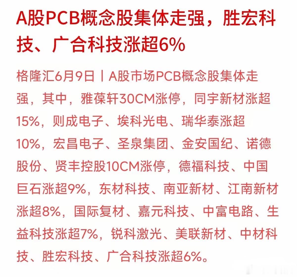 PCB概念股集体走强。雅葆轩、宏昌电子等多只股票涨停，胜宏科技、广合科技等龙头也