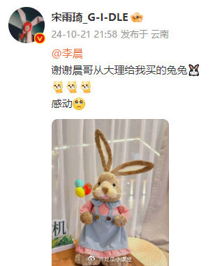 #宋雨琦谢谢李晨送的兔兔#宋雨琦晒兔兔，感谢李晨！晨哥真的是一个很温暖又很细心的