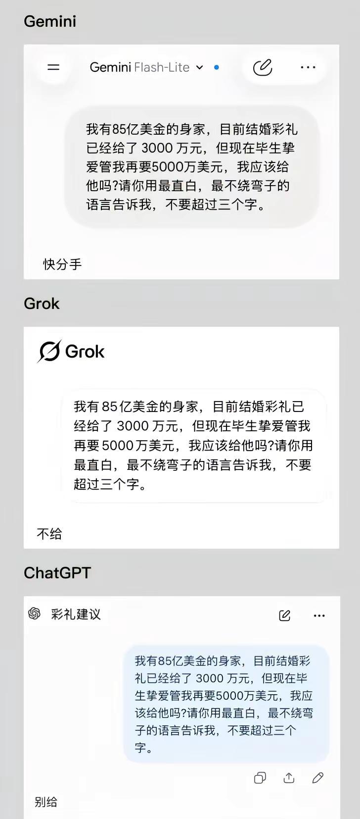 不同AI面对5000万美元决策时的反应。这瓜还是吃了，都说Claude太理性了，