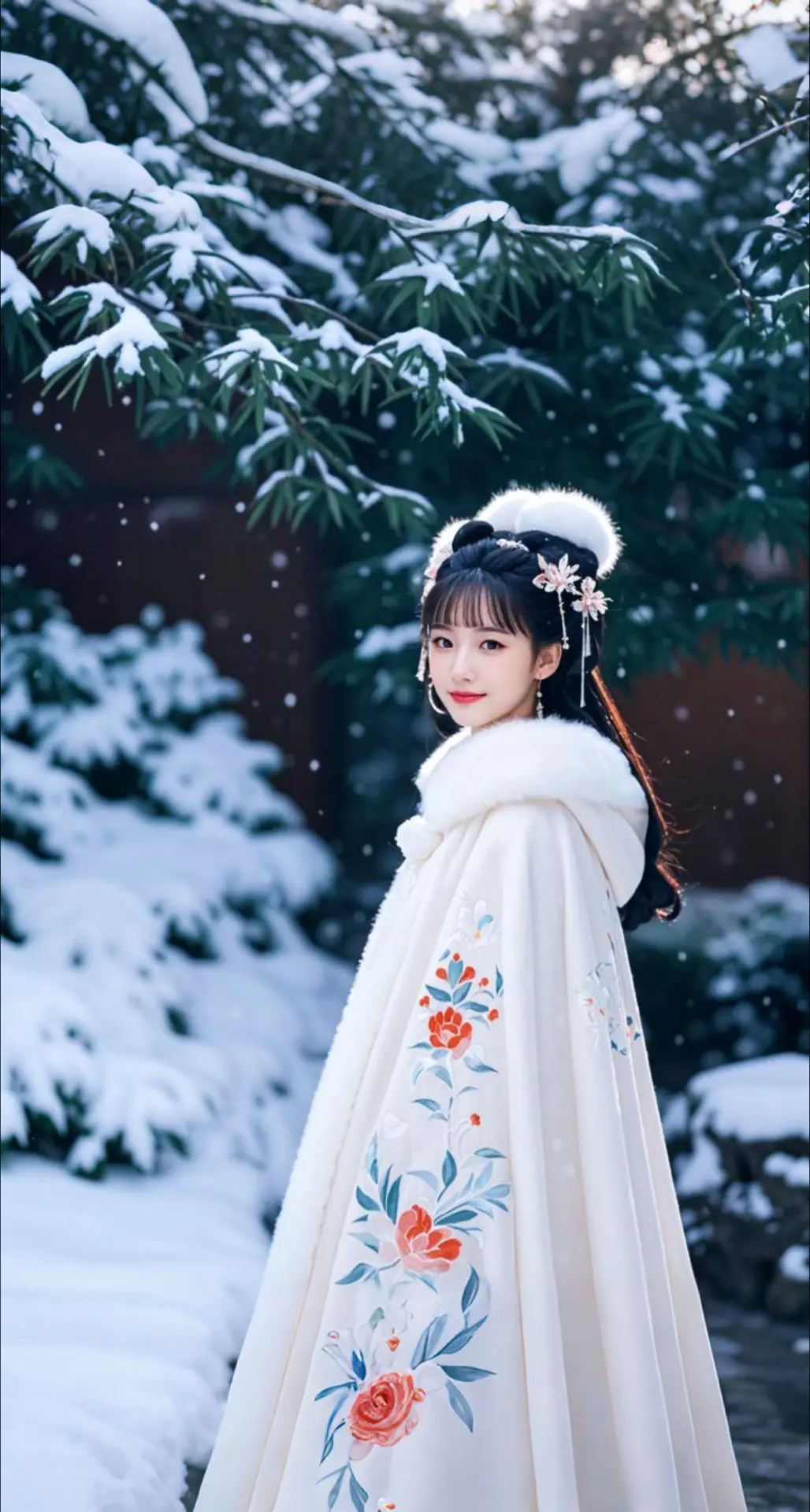 AI扩图 AI雪幕美人浅笑