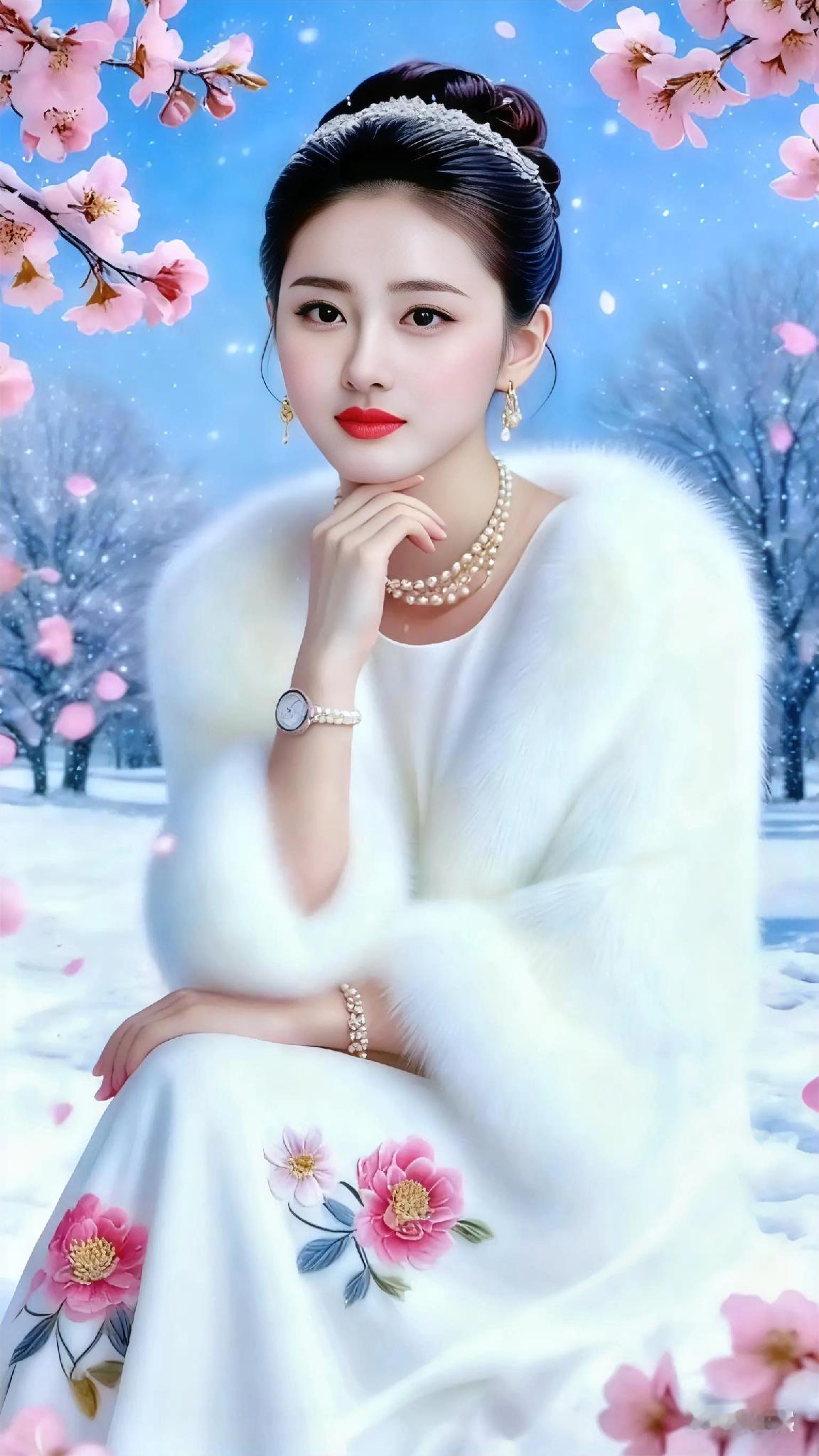 冬日仙境中的优雅美人，粉花雪景中的梦幻时刻。
粉花长裙 
粉花裙写真 
冬日粉系
