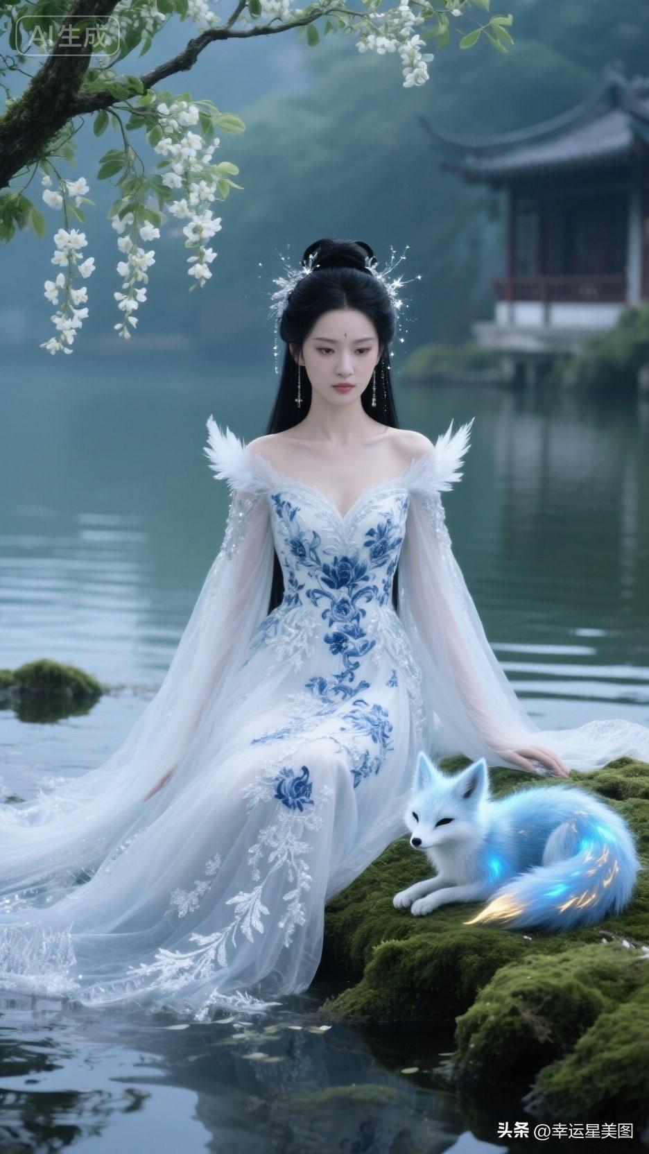 仙气缭绕的蓝白色长裙，与梦幻的狐狸相伴，宛如画中仙境。