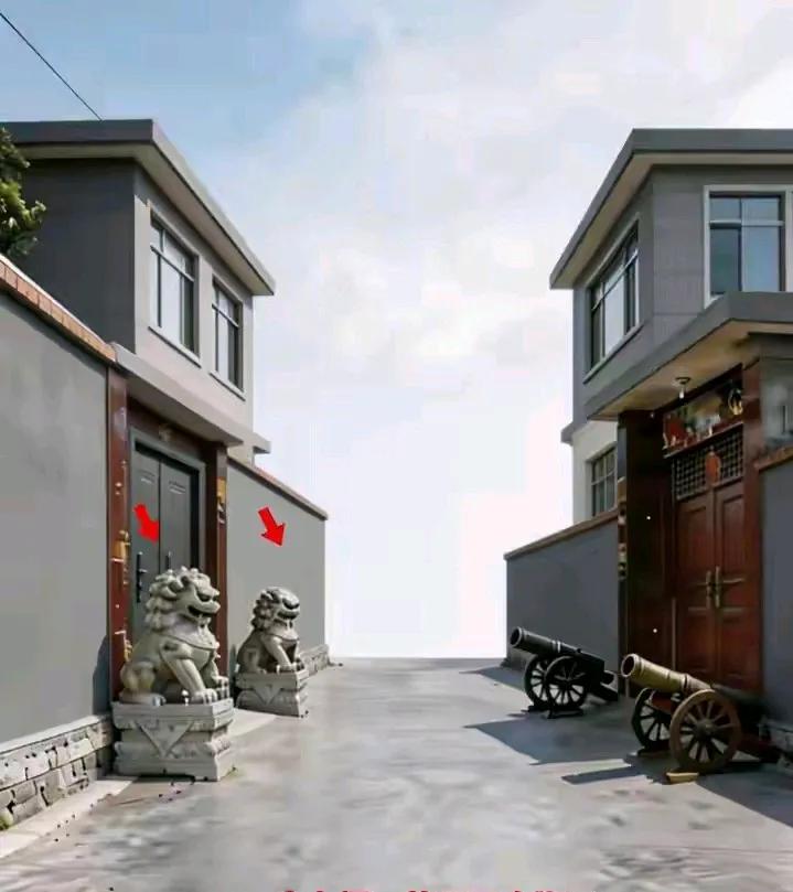 两户人家门对门住着，一家是石狮子镇宅，另一家是大炮护院，这是暗暗他较着劲呢。
真