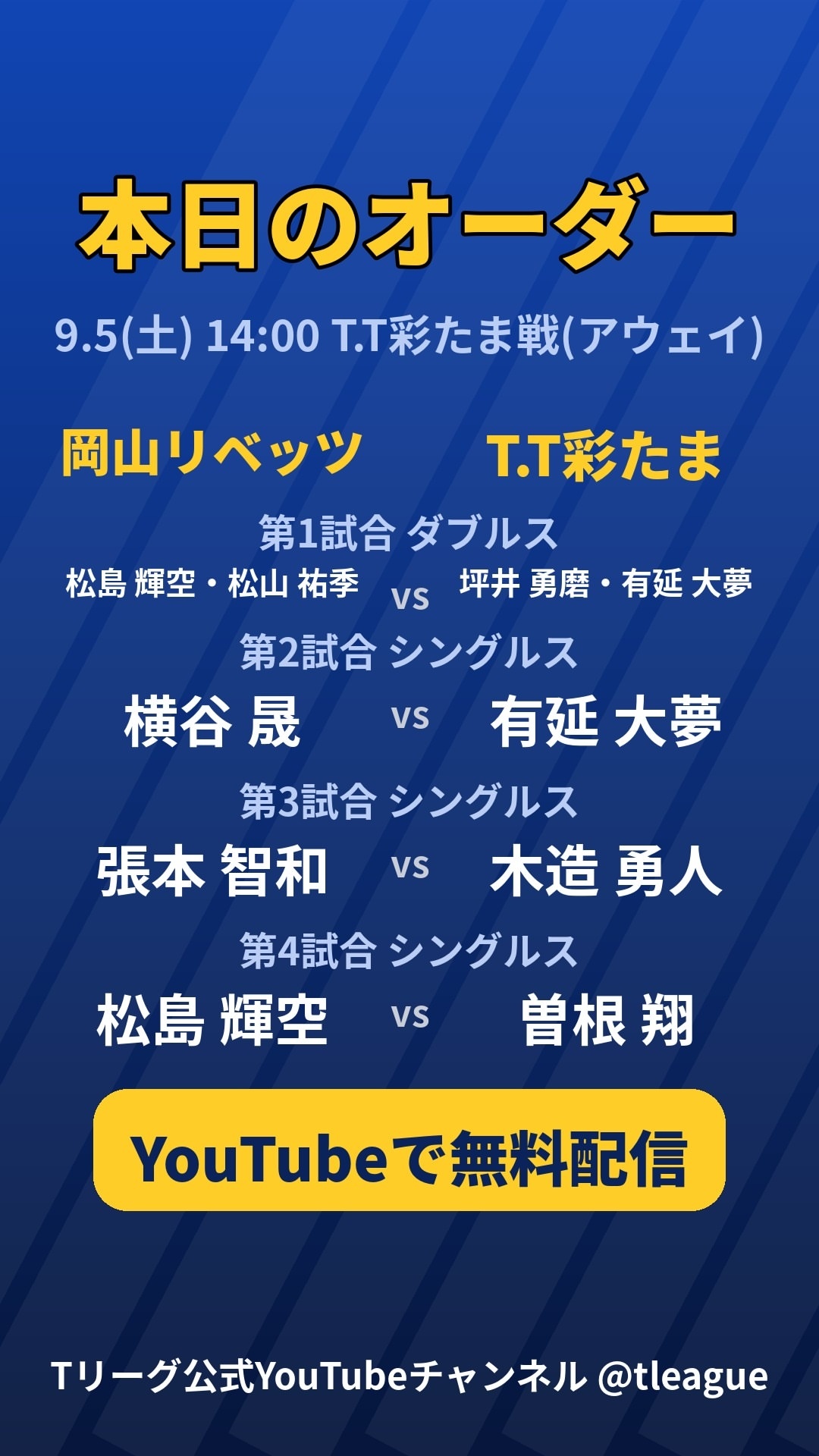 张本智和[超话]张本智和t联赛赛程 ▶️ 岡山リベッツ🆚T.T彩たま第三盘：张