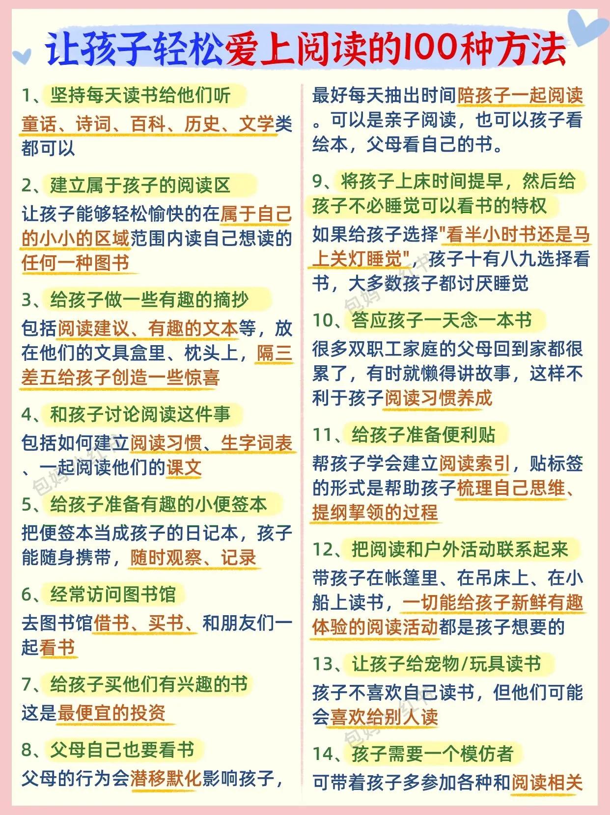 我的天，满满的只有干货！让孩子爱上阅读的一百个方法，现在揭晓！
❖100种激发孩