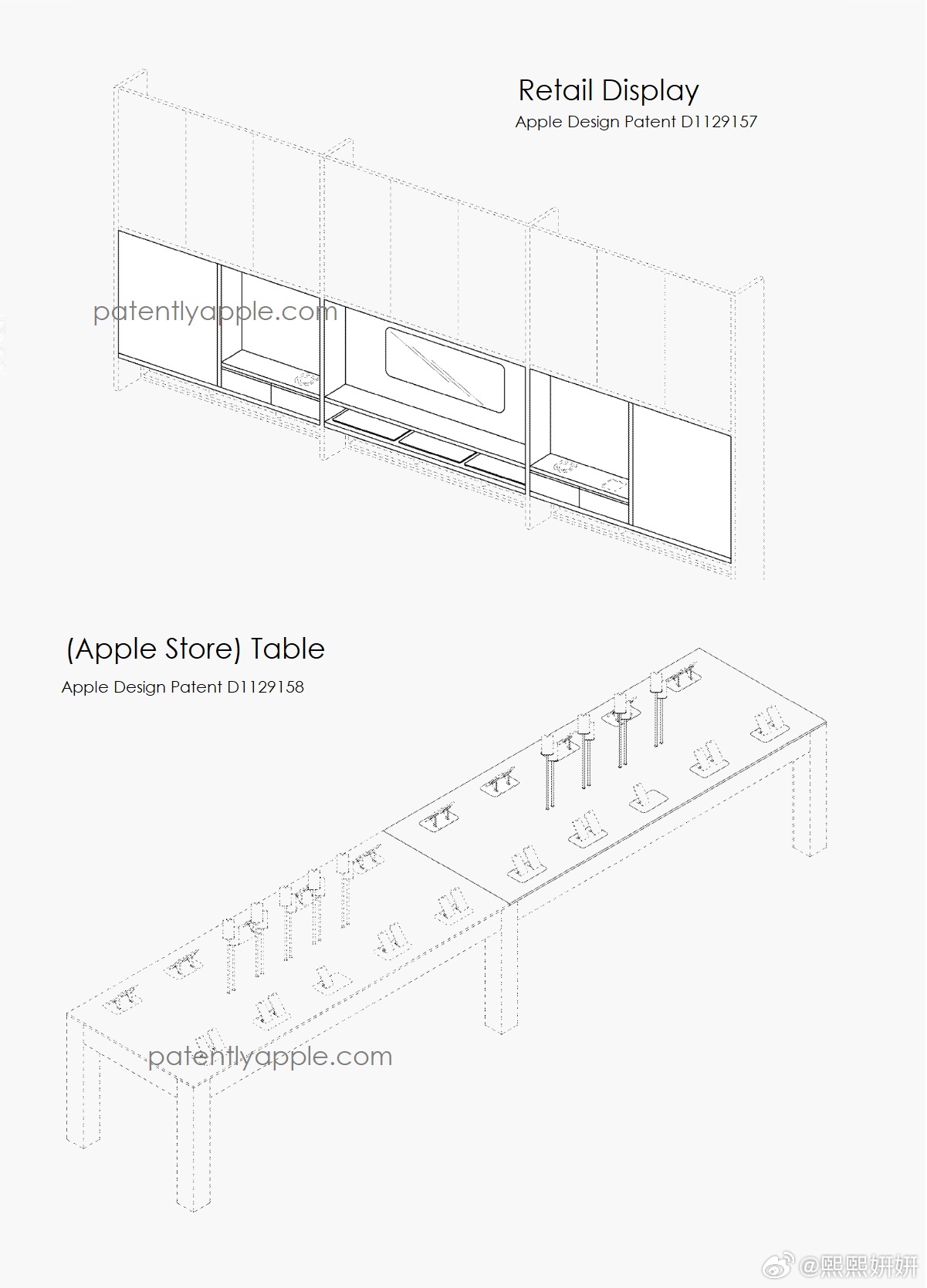 这是Apple获批的两项Apple Store零售空间家具外观设计专利，均为外观