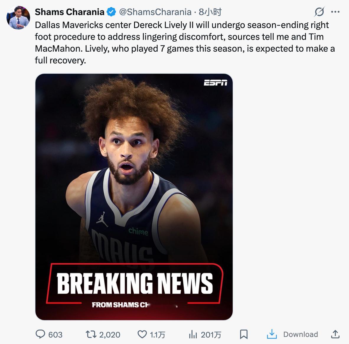 Shams：独行侠队的中锋德里克·莱夫利二世（Dereck Lively II）