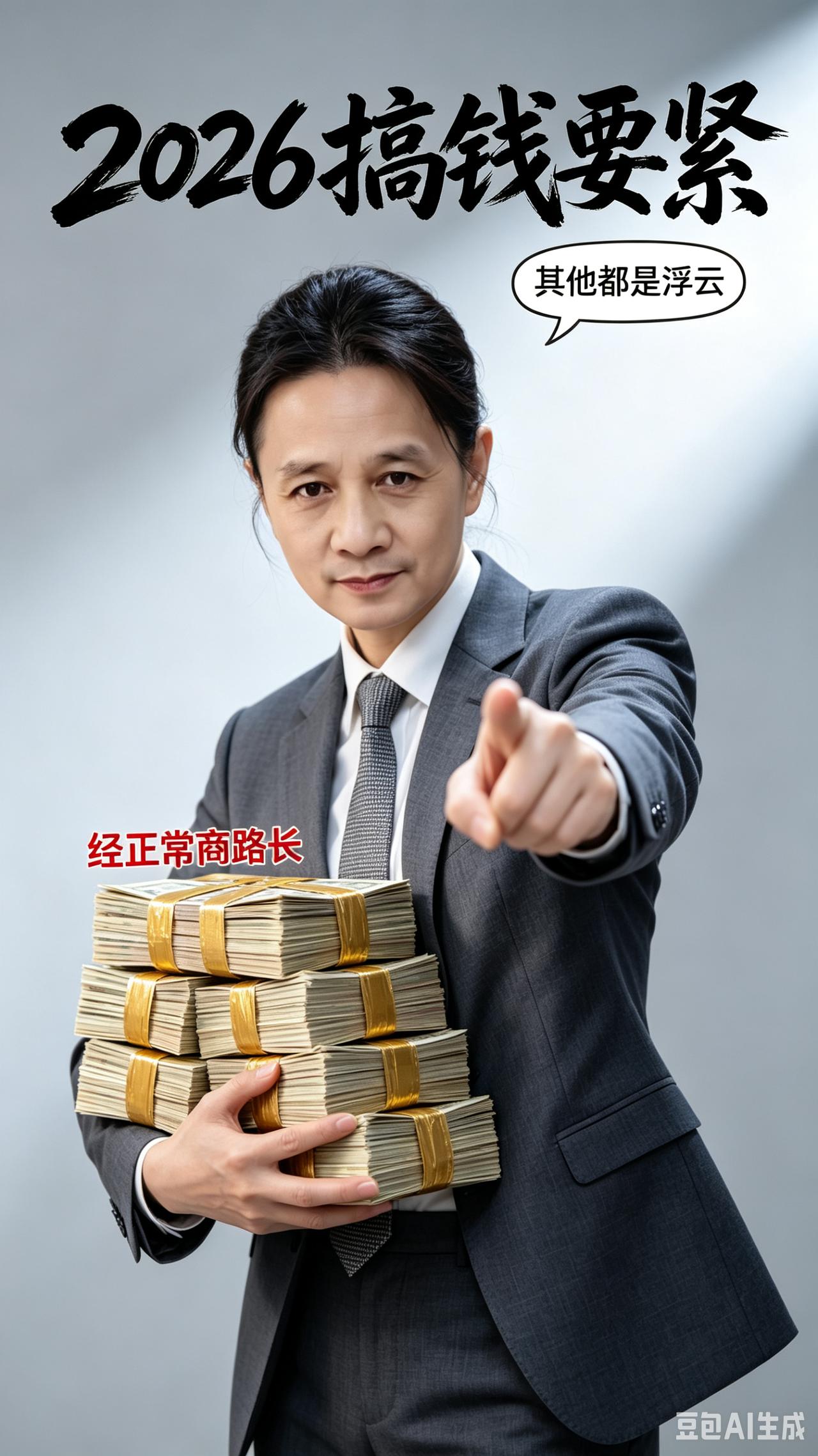 经商认准正道走，
专心搞钱别发愁。
虚名浮云全都丢，
腰包鼓鼓乐悠悠。