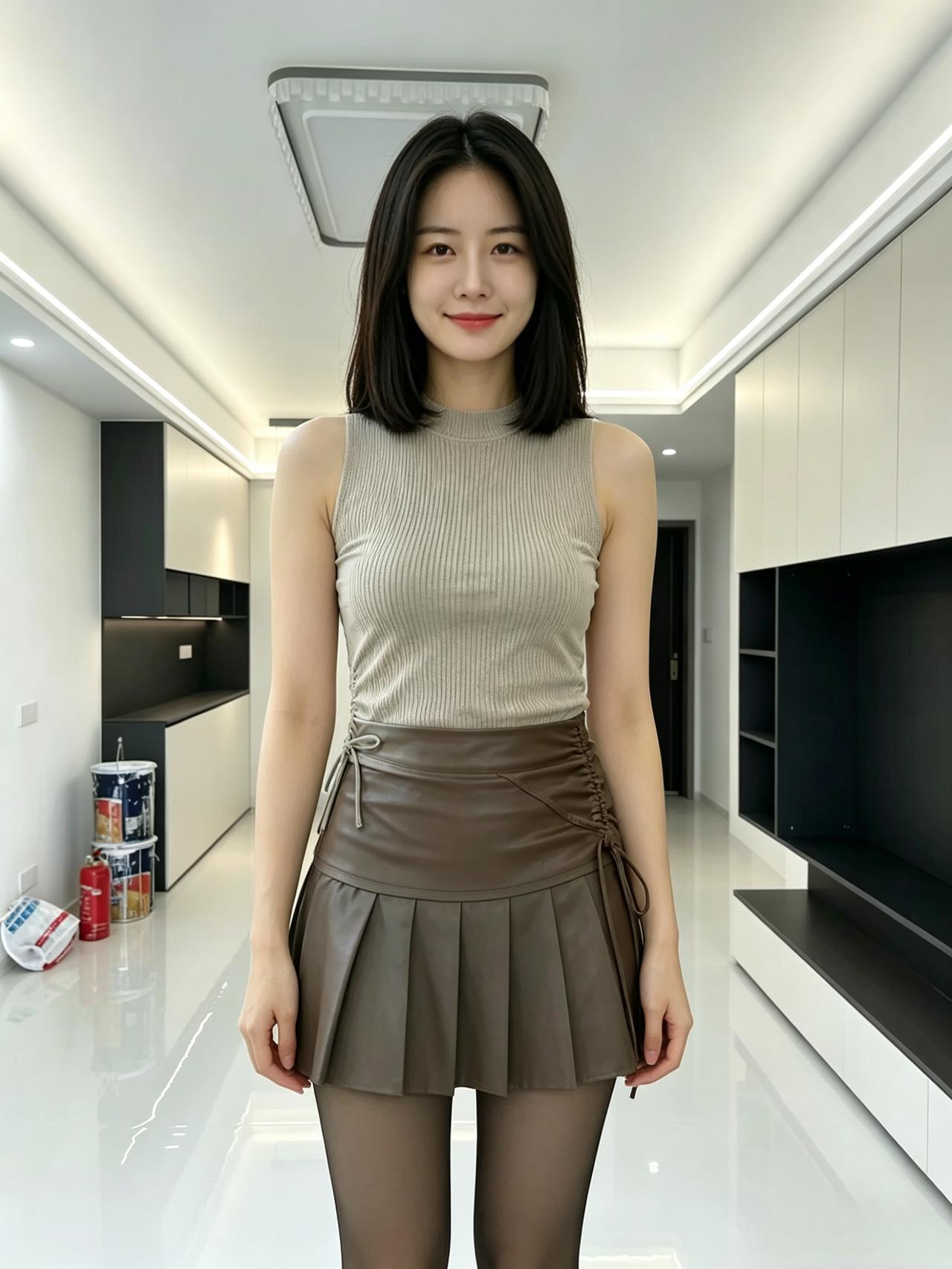 针织半领风情浅，
柔骨清姿。
棕裙相宜，
一抹从容最惹思。
闲行内外皆成景，
笑