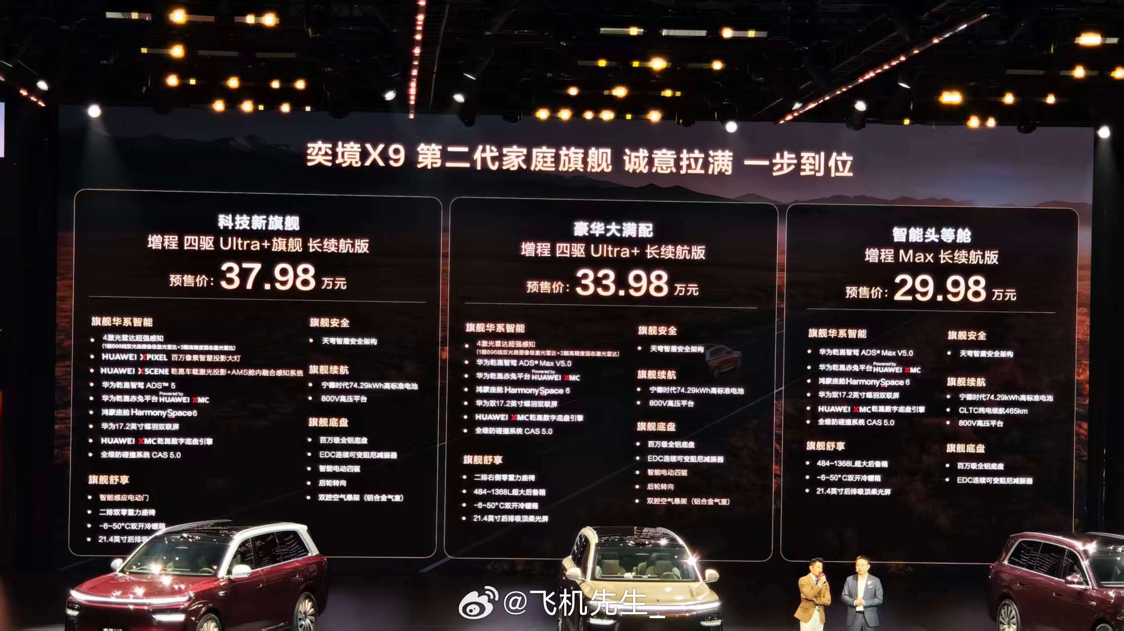 奕境X9预售有三个版本，一款 74.29度电池包：增程 Max 长续航版：29.