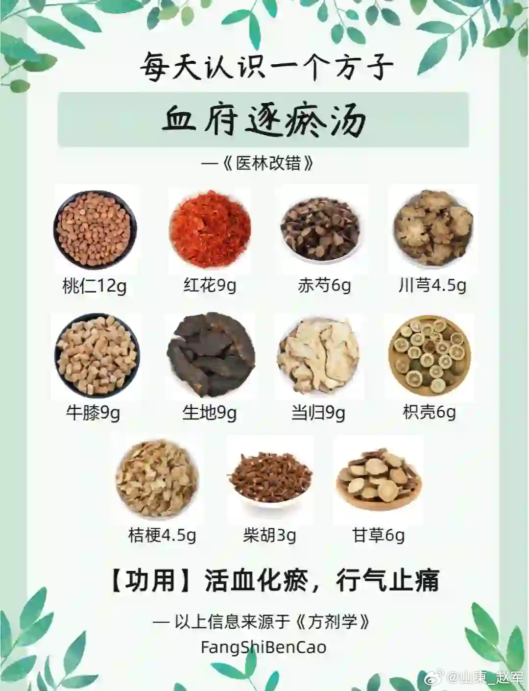 血府逐瘀汤（出自《医林改错》·王清任） 核心配方（经典原方）调理带状疱疹，效果非