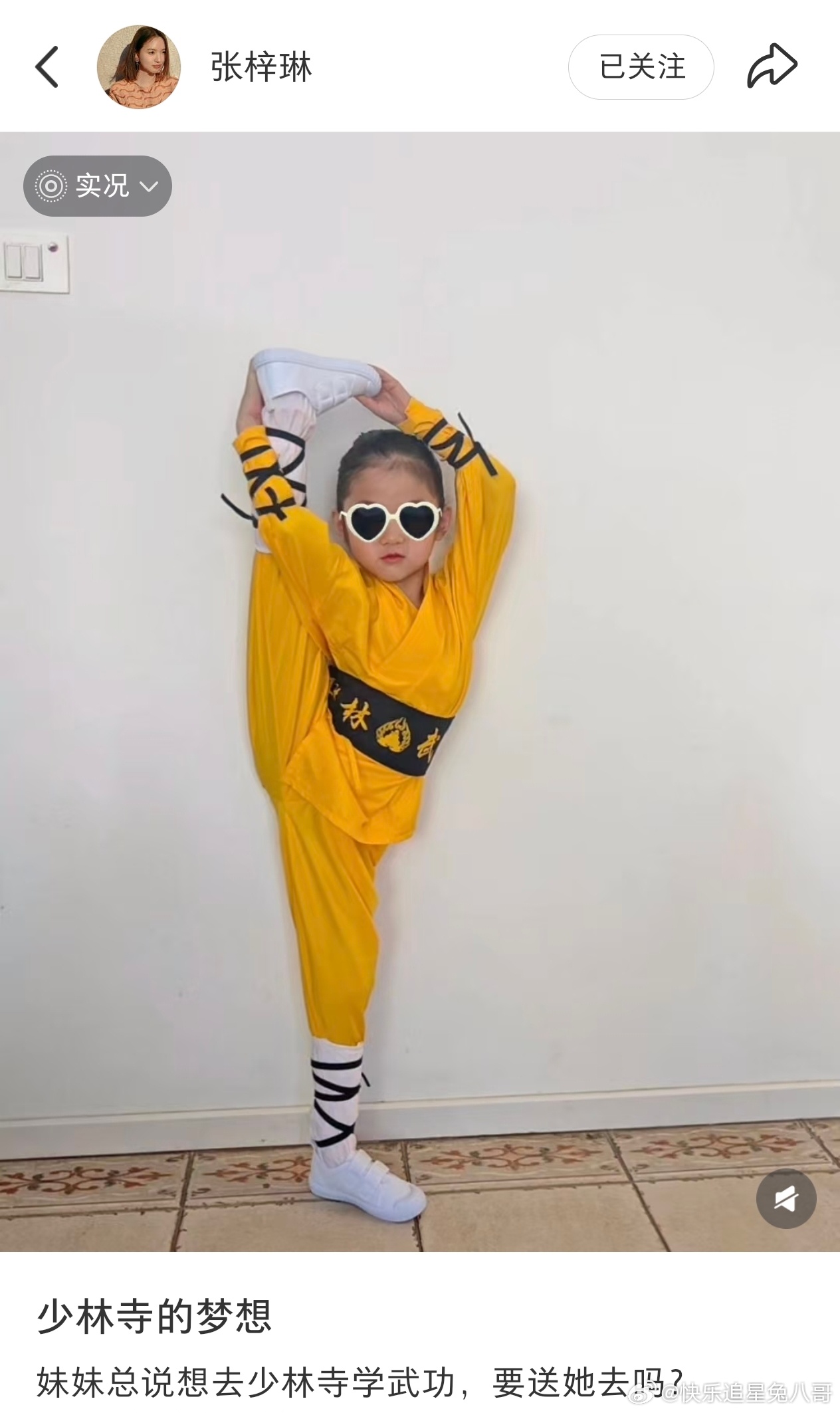 张梓琳小女儿想去少林寺学武功张梓琳4岁小女儿展示朝天蹬 张梓琳小女儿想去少林寺学