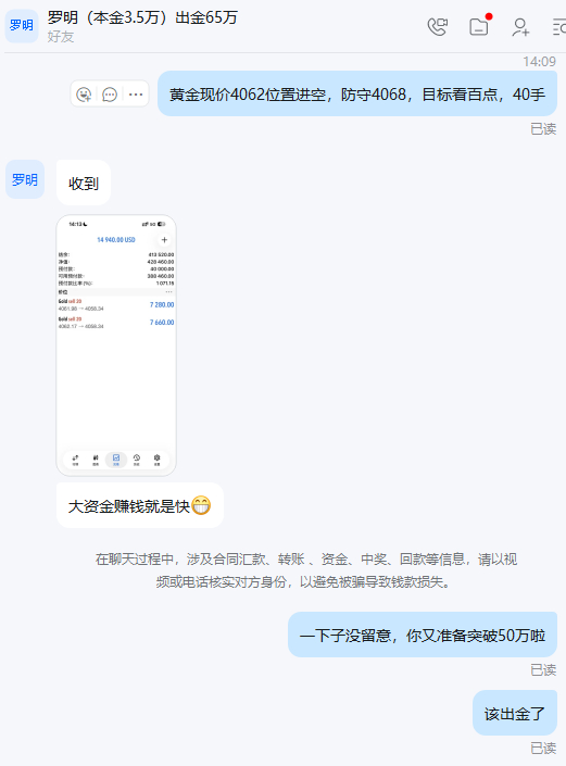 恭喜实盘学员小罗跟上我的一对一实时指导在黄金4062位置空单中斩获22000+美