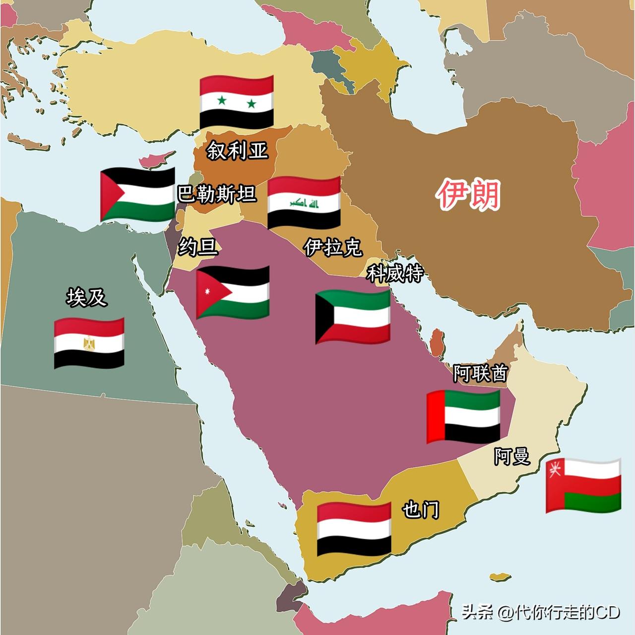 中东地区的阿拉伯国家，国旗多以红绿白黑四色为主色...这被称为“泛阿拉伯颜色”!