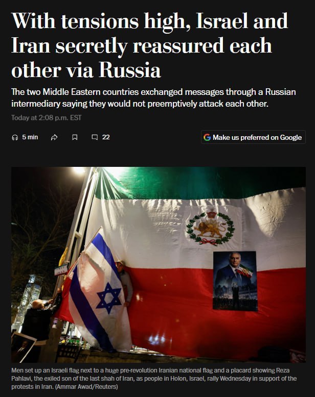 据《华盛顿邮报》报道，12月下旬伊朗爆发抗议活动的前几天，以色列通过俄罗斯向伊朗