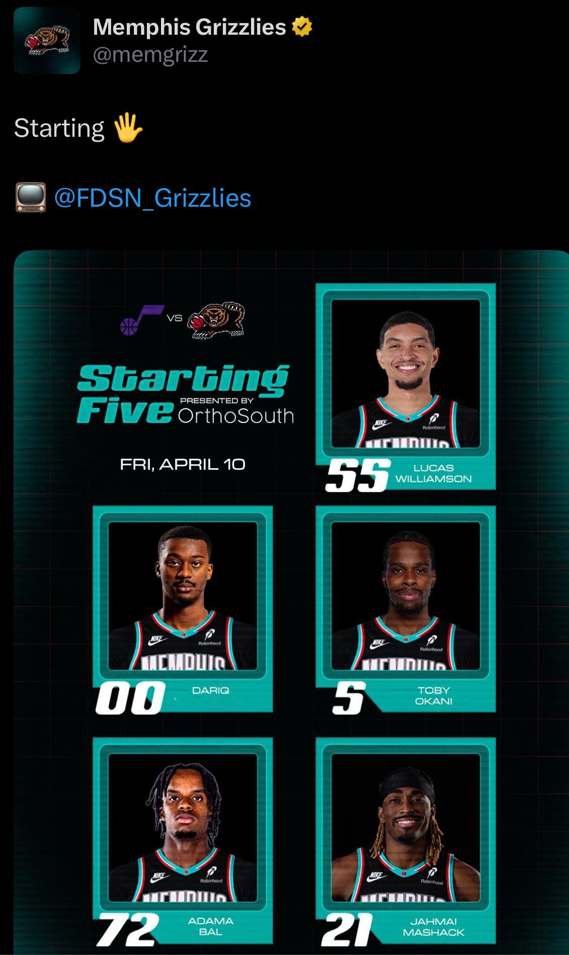 Who are you？灰熊今日首发阵容马沙克、奥卡尼、怀特黑德、威廉姆森、巴尔